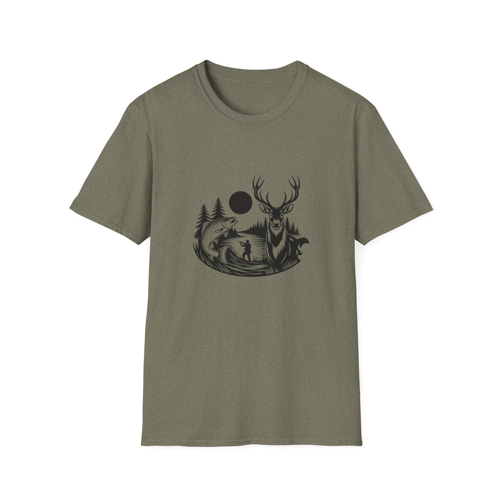 Deer & Fish Forest Silhouette T-Shirt — Rustic Outdoor Gift for Hunters Graphic Tee