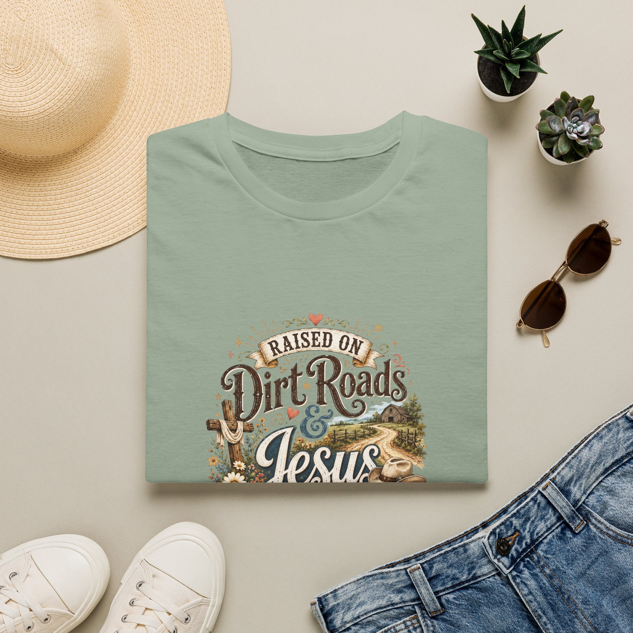 Raised on Dirt Roads & Jesus T-Shirt — Rustic Christian Gift for Women Faith Tee