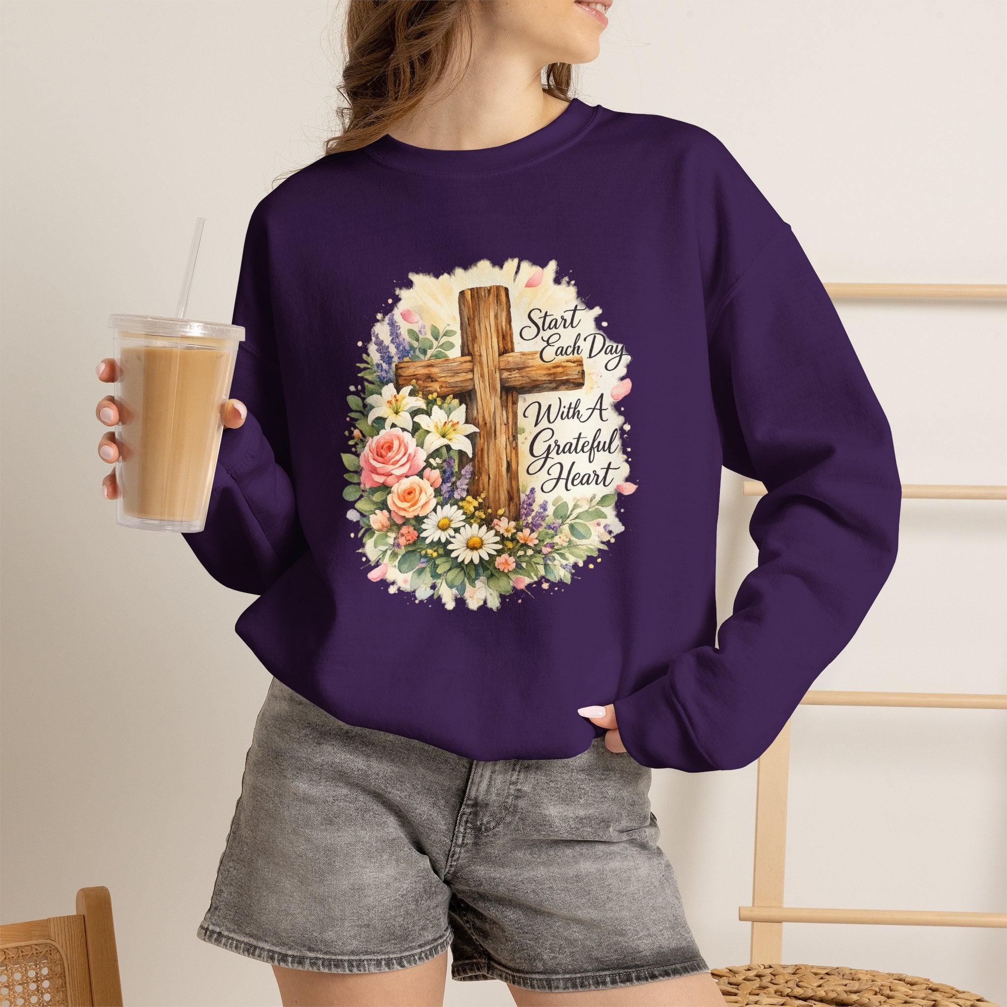 Christian Crewneck Sweatshirt — "Start Each Day with a Grateful Heart" Floral Cross