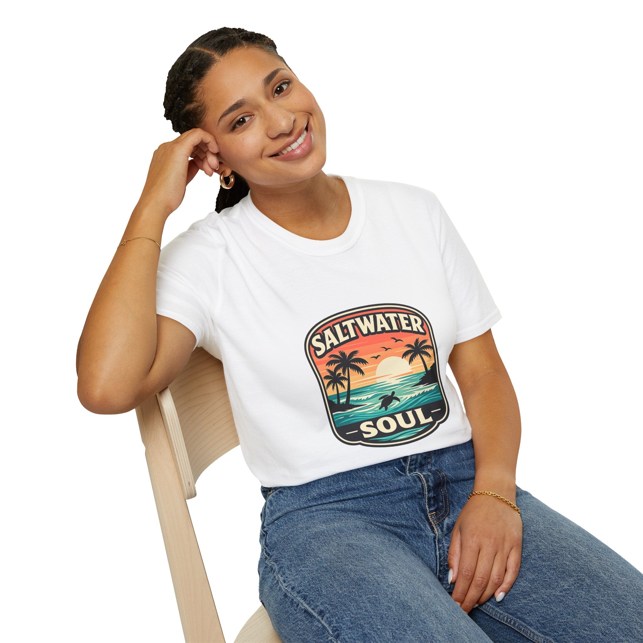 Saltwater Soul Retro Beach T-Shirt — Cute Coastal Gift for Women Sunset Palm Tee