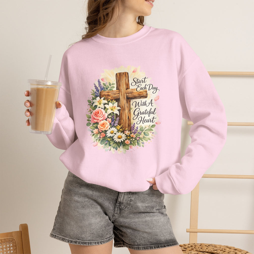 Christian Crewneck Sweatshirt — "Start Each Day with a Grateful Heart" Floral Cross