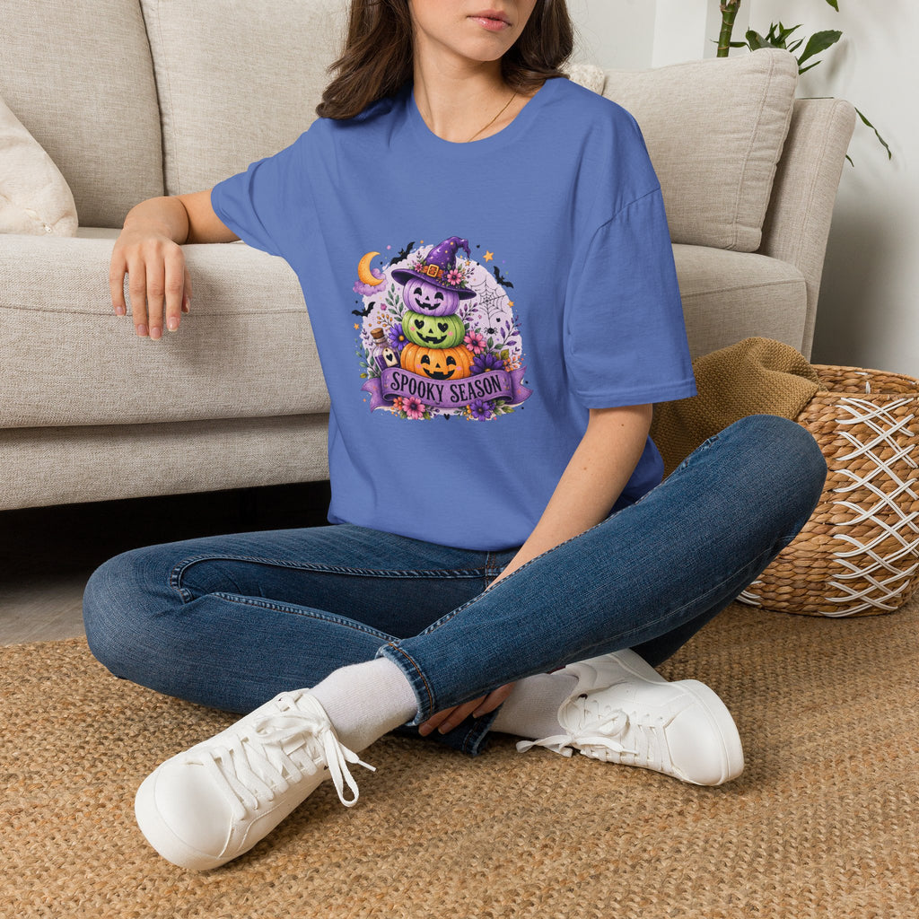 Spooky Season Pumpkin Stack T-Shirt — Cute Halloween Gift for Women Witch Hat Tee