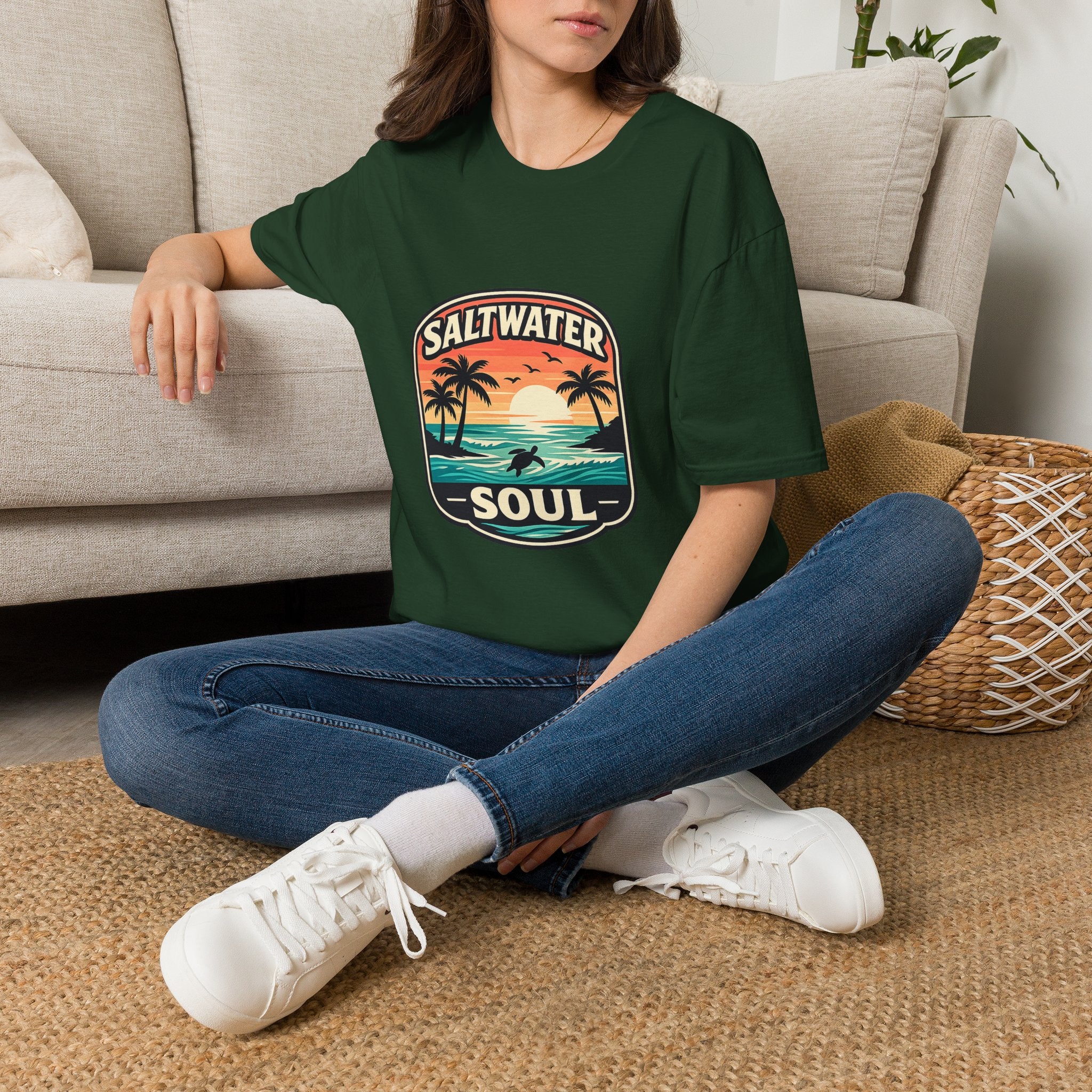 Saltwater Soul Retro Beach T-Shirt — Cute Coastal Gift for Women Sunset Palm Tee