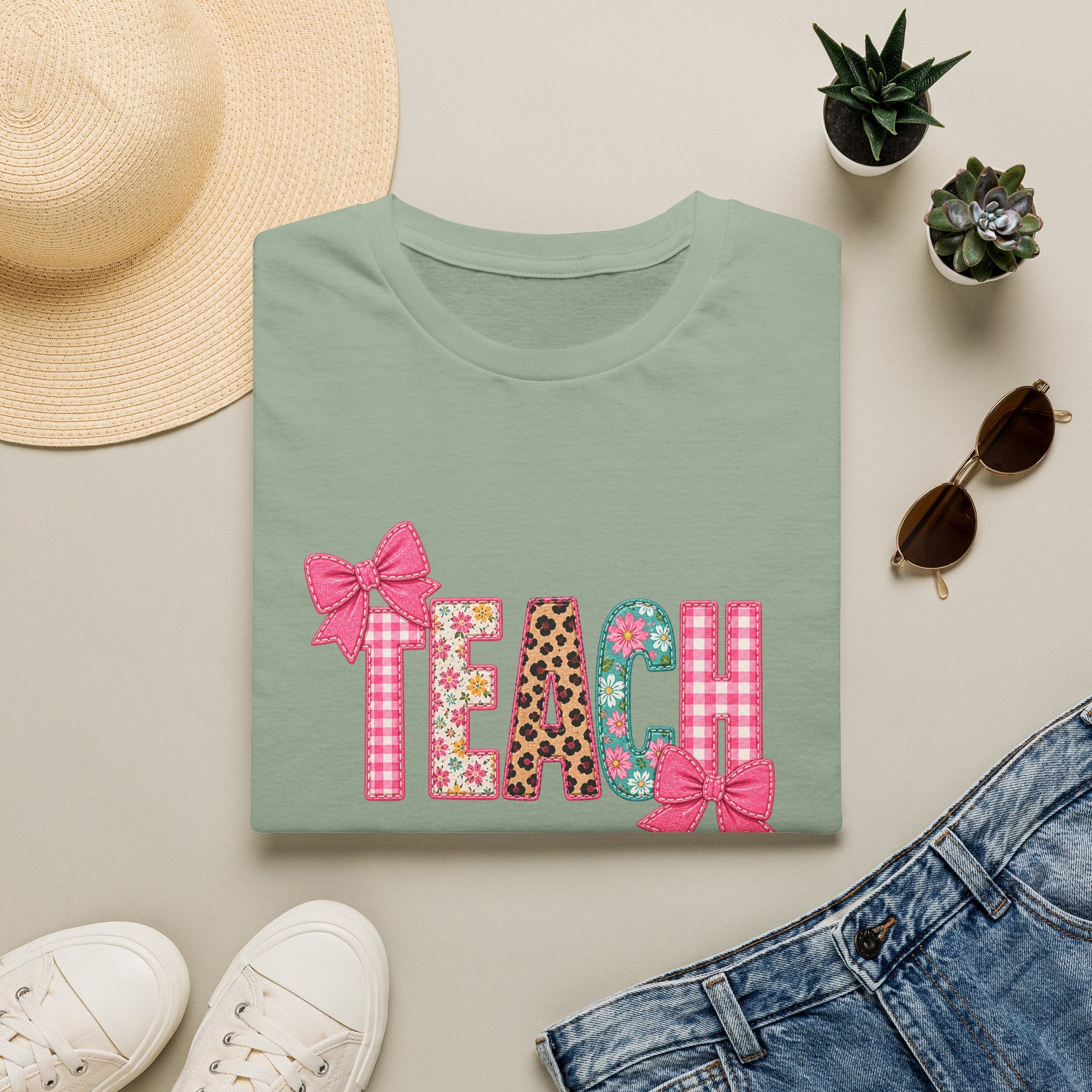 Floral Leopard TEACH T-Shirt — Cute Back-to-School Gift for Teachers Pink Bow Tee