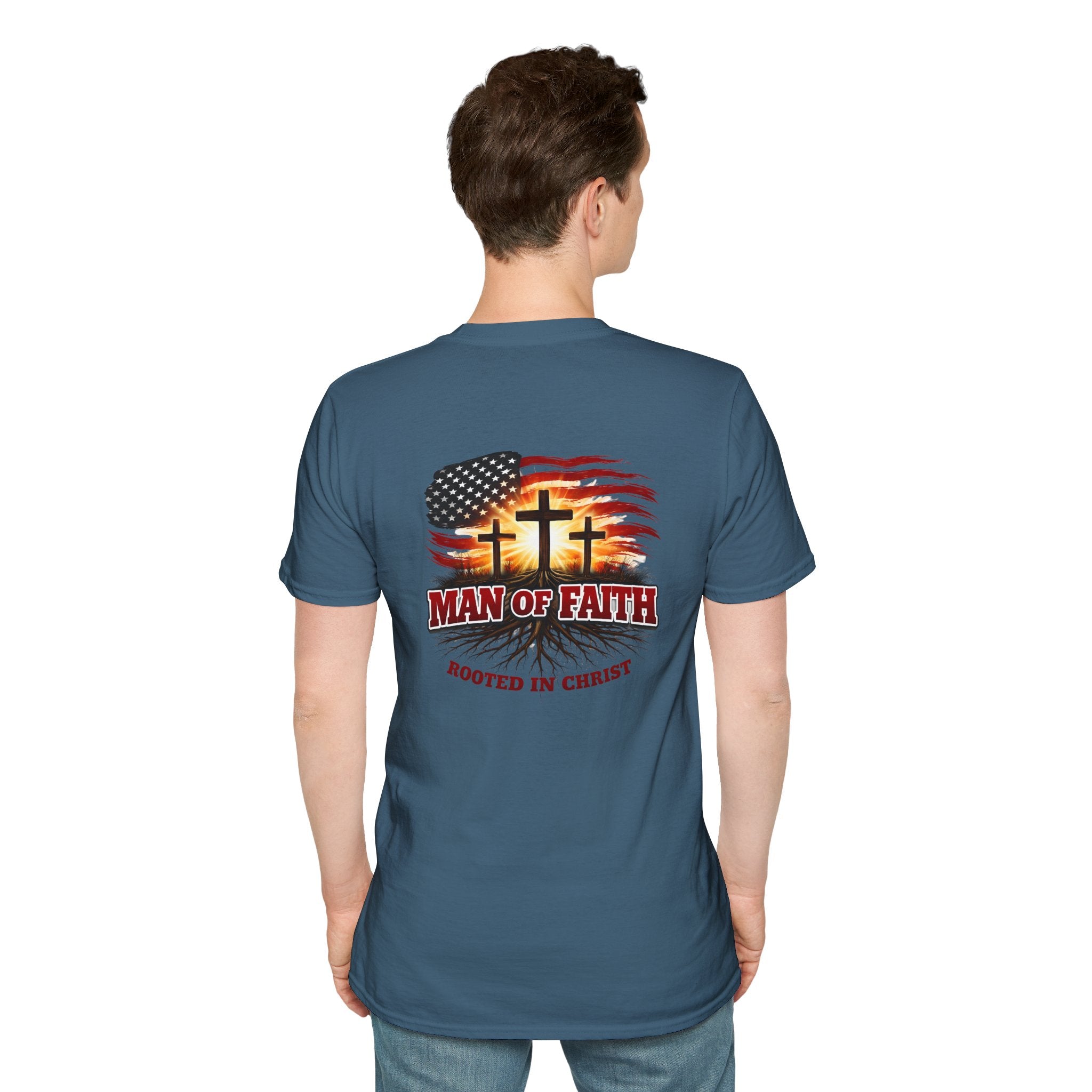 Man of Faith Rooted in Christ T-Shirt — Christian Gift for Him Flag & Cross Back Print Graphic Tee