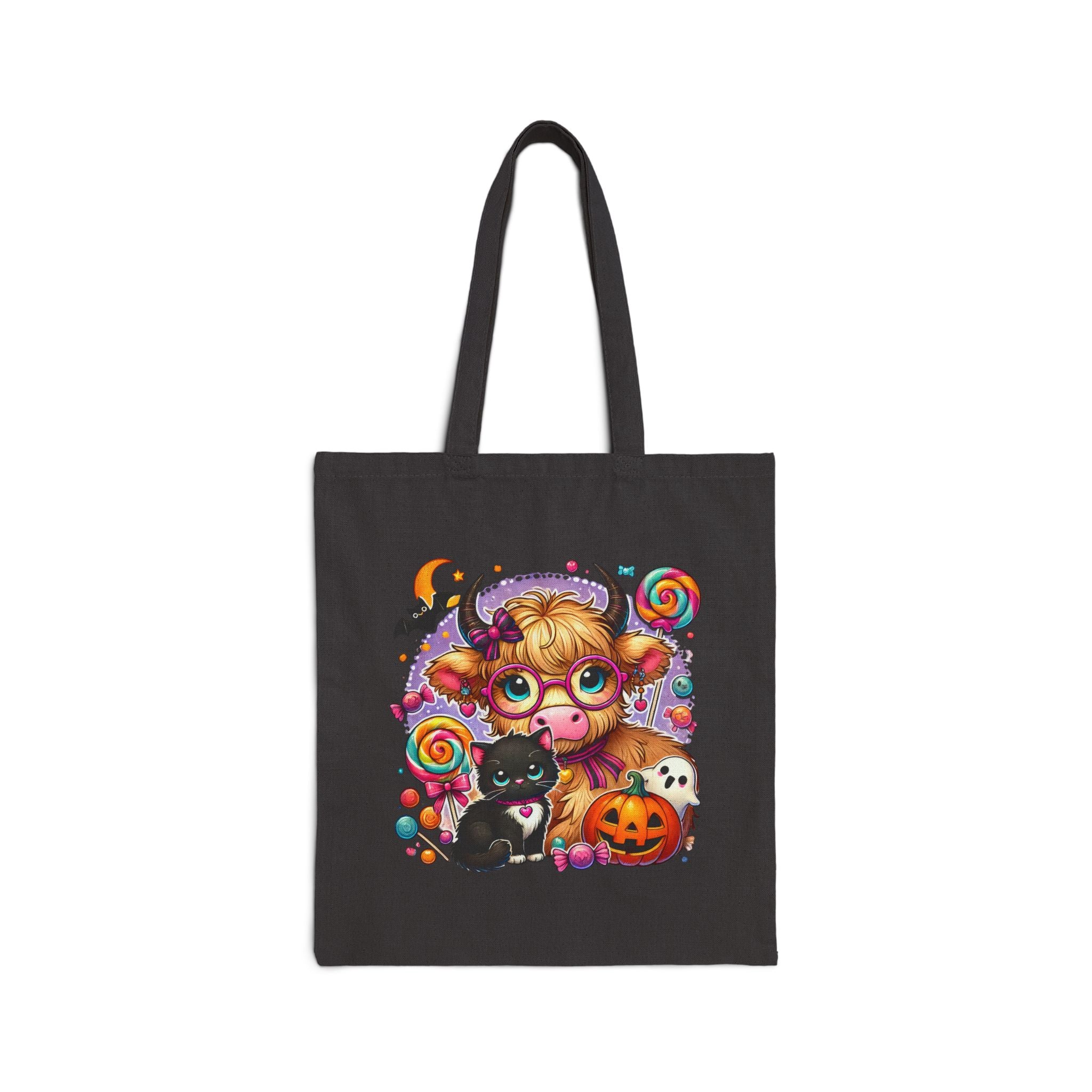 Halloween Cow Costume Canvas Tote Bag — Cute Funny Gift for Her Pumpkin & Cat Shopper