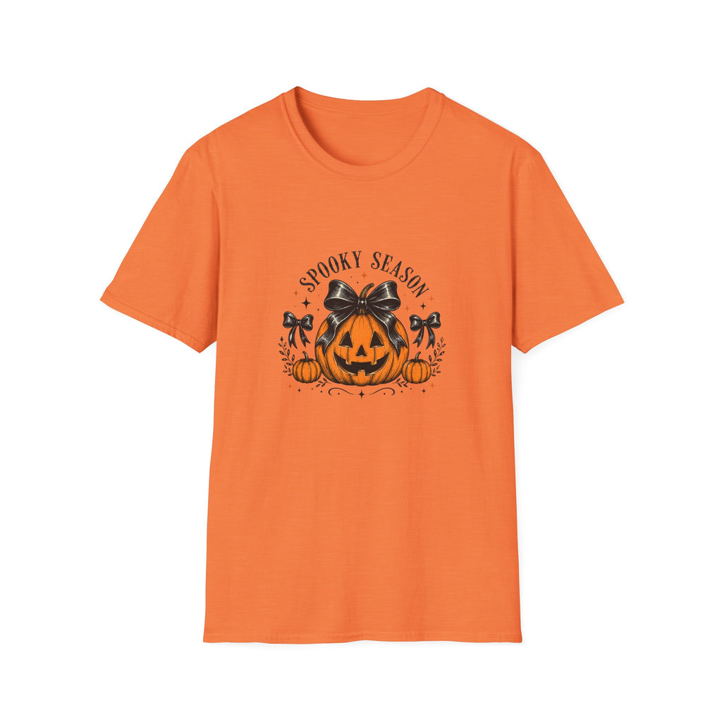 Spooky Season Jack-O'-Lantern Bow T-Shirt — Cute Halloween Gift for Women Graphic Tee