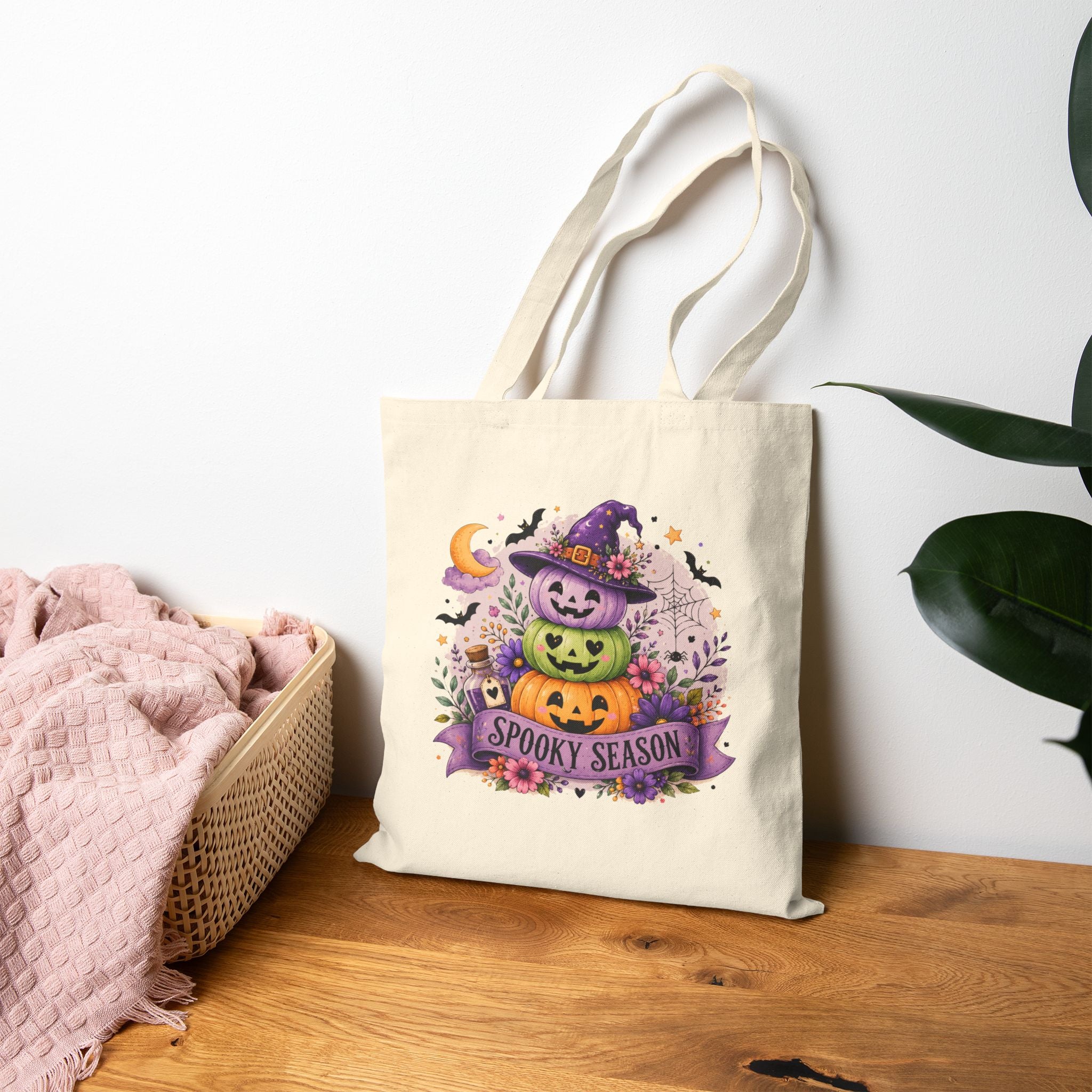 Spooky Season Jack-o'-Lantern Canvas Tote Bag — Cute Halloween Gift for Women