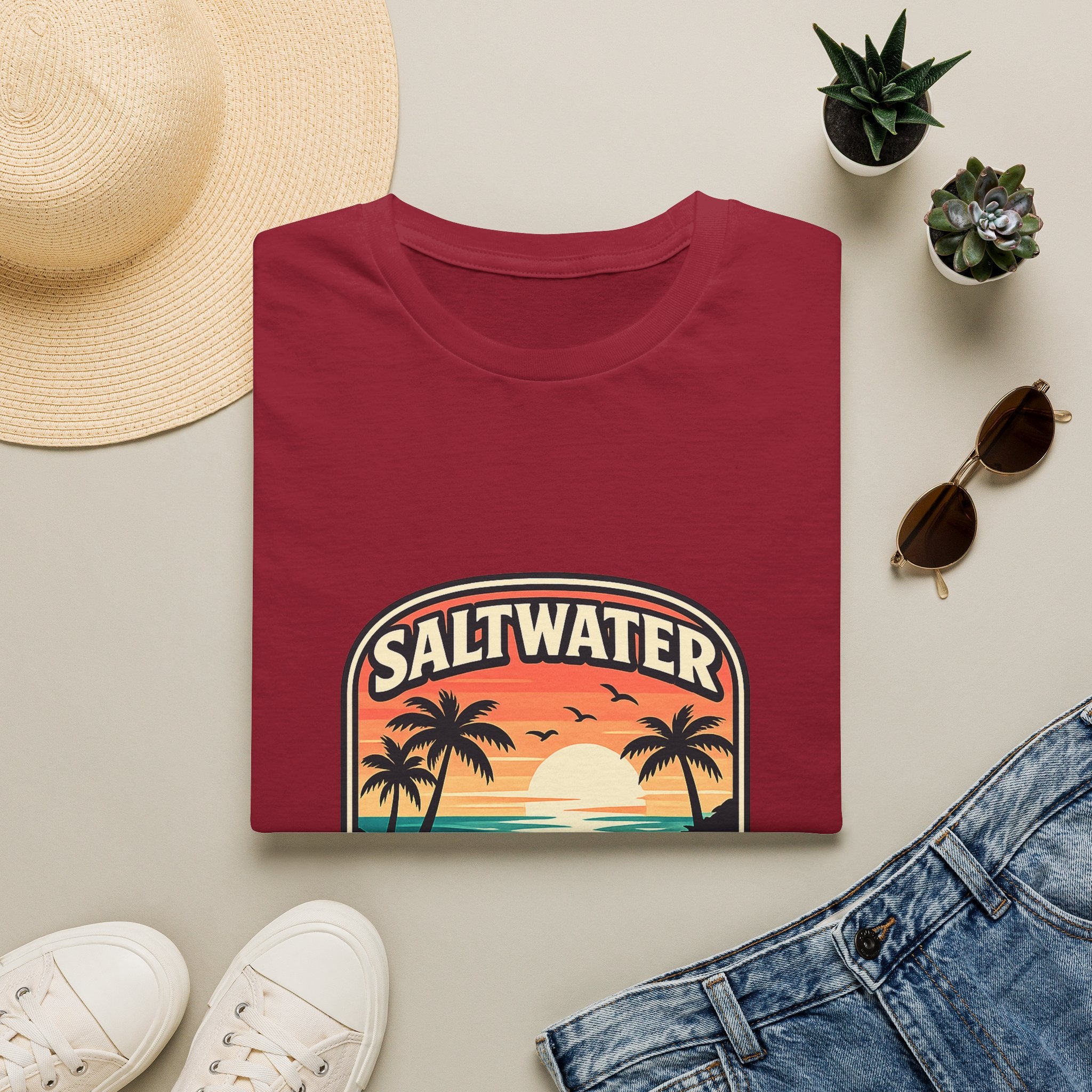 Saltwater Soul Retro Beach T-Shirt — Cute Coastal Gift for Women Sunset Palm Tee