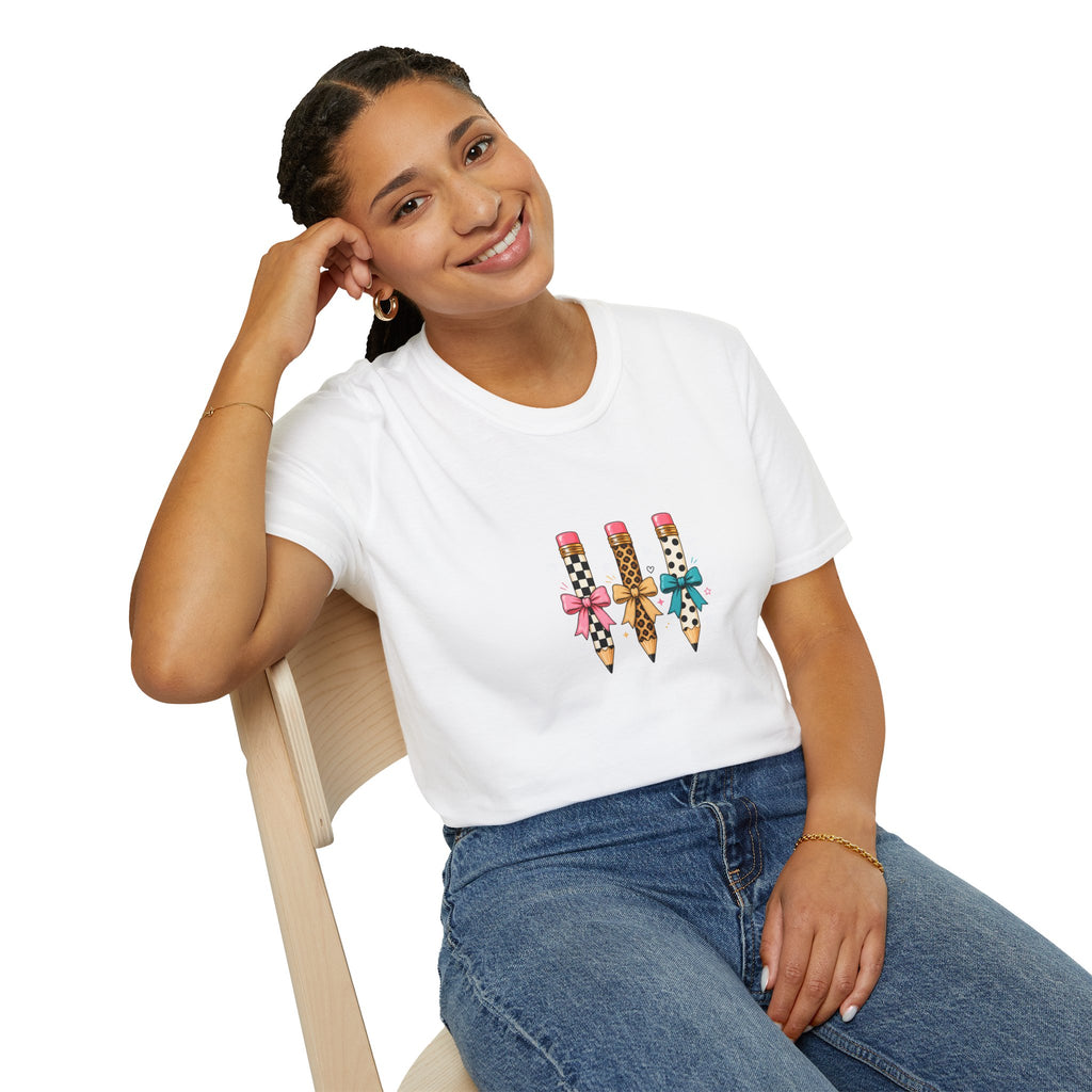 Pencil Trio Graphic T-Shirt — Cute Patterned Pencils with Bows