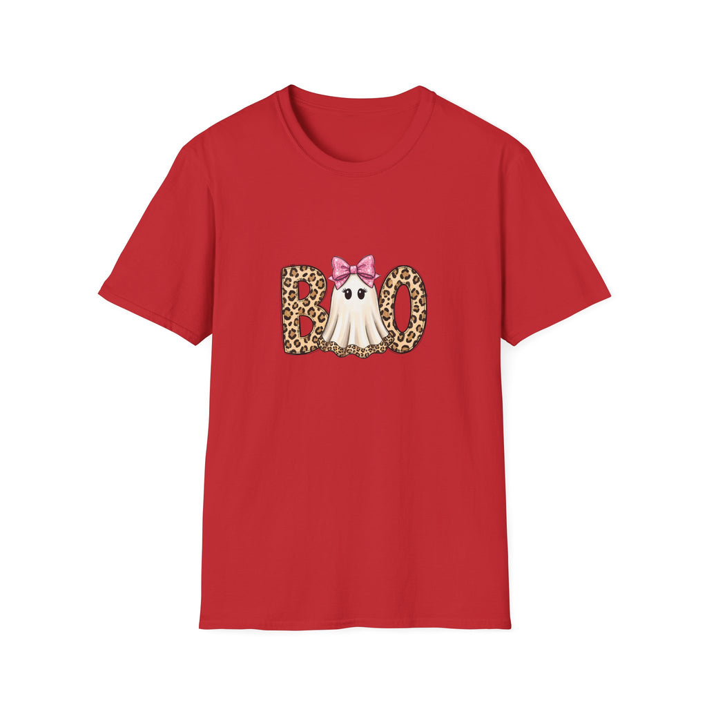 Boo Leopard Ghost T-Shirt — Cute Pink Bow Halloween Gift for Women Graphic Tee