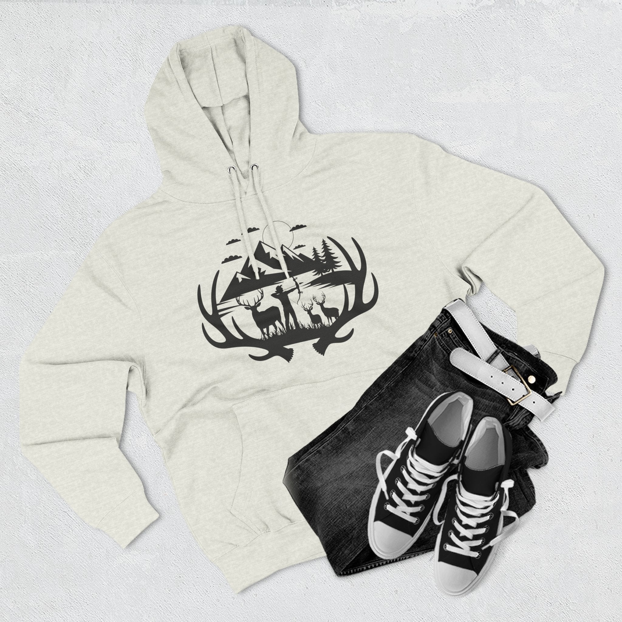 Deer Antler Mountain Hoodie — Rustic Outdoor Gift for Him Wildlife Graphic Pullover