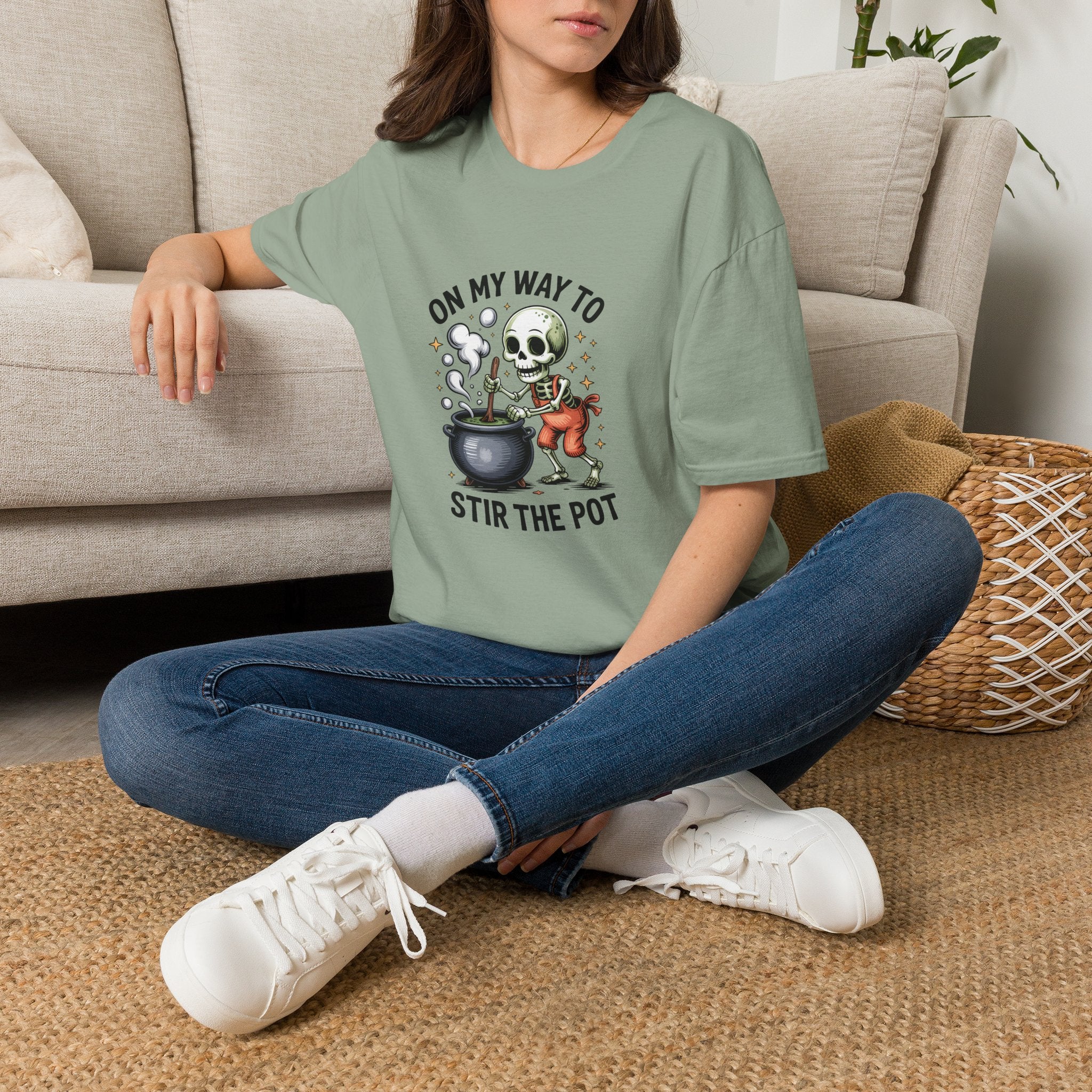 On My Way to Stir the Pot Skeleton T-Shirt — Funny Halloween Gift for Women