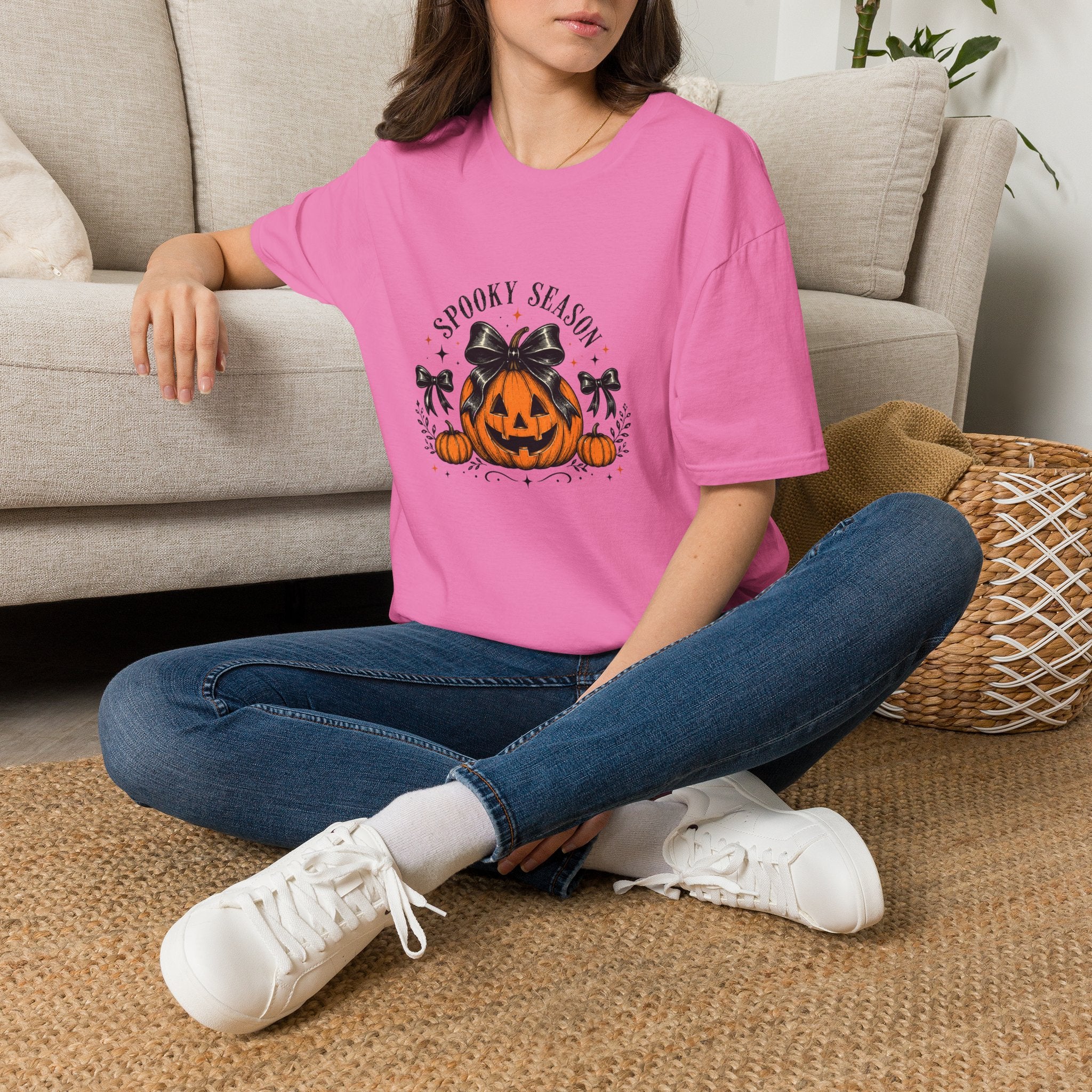 Spooky Season Jack-O'-Lantern Bow T-Shirt — Cute Halloween Gift for Women Graphic Tee