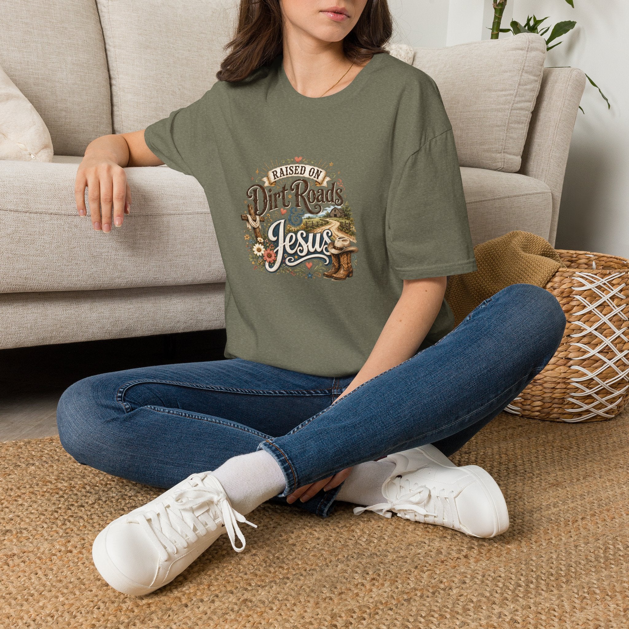 Raised on Dirt Roads & Jesus T-Shirt — Rustic Christian Gift for Women Faith Tee