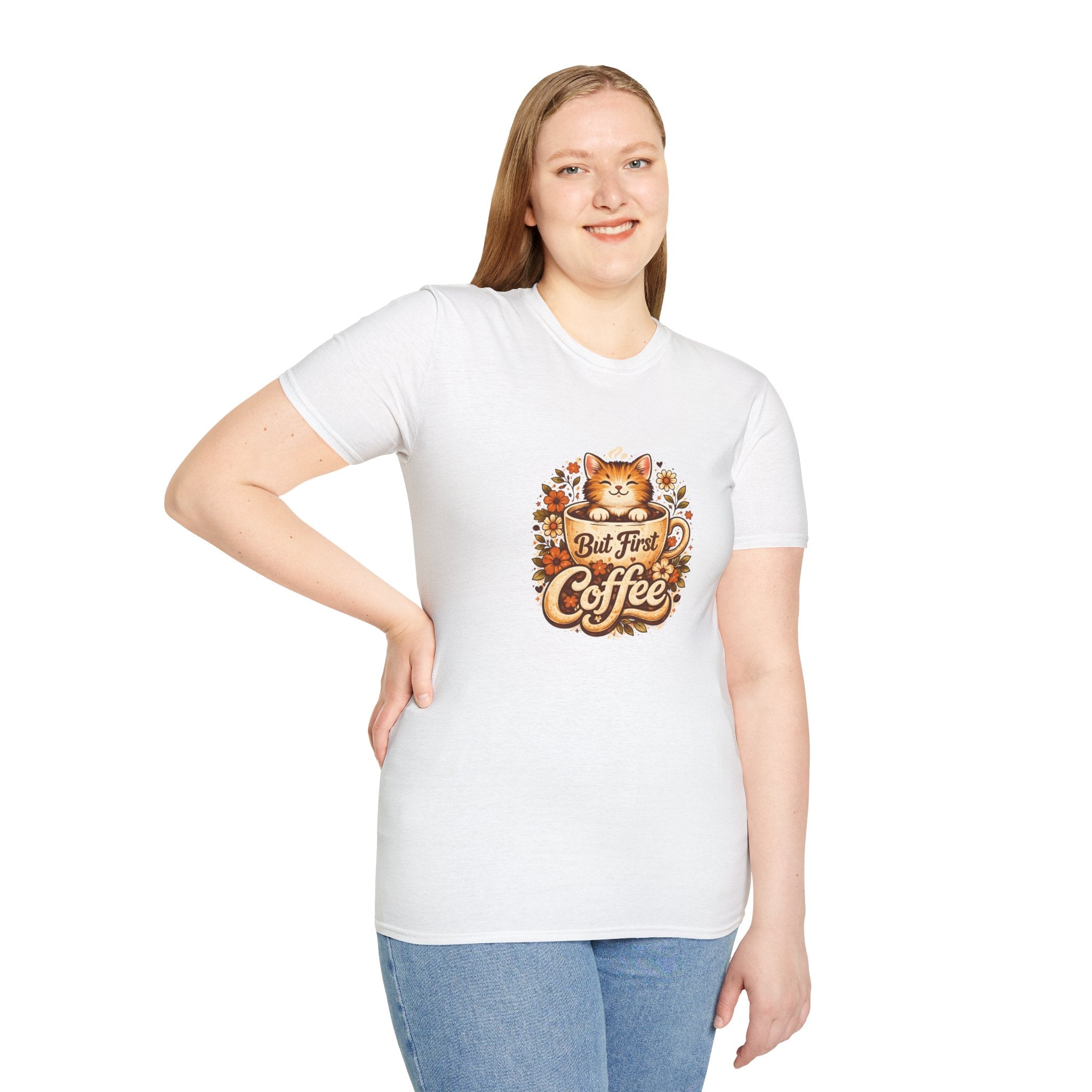 But First Coffee Cat T-Shirt — Cute Floral Gift for Coffee Lovers Women's Tee