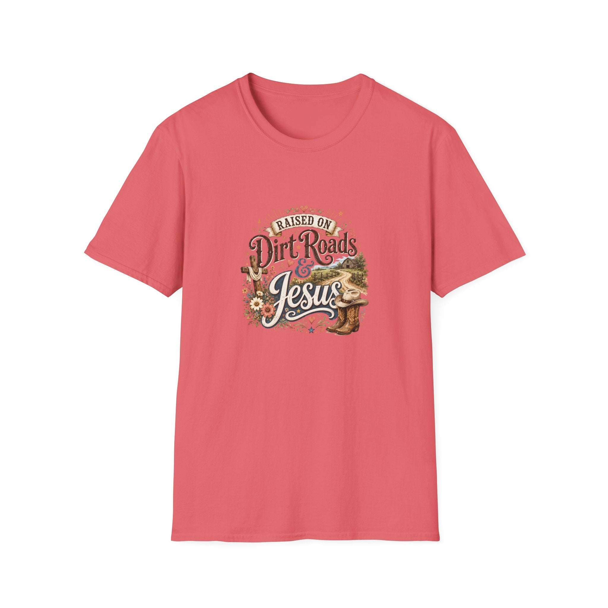 Raised on Dirt Roads & Jesus T-Shirt — Rustic Christian Gift for Women Faith Tee
