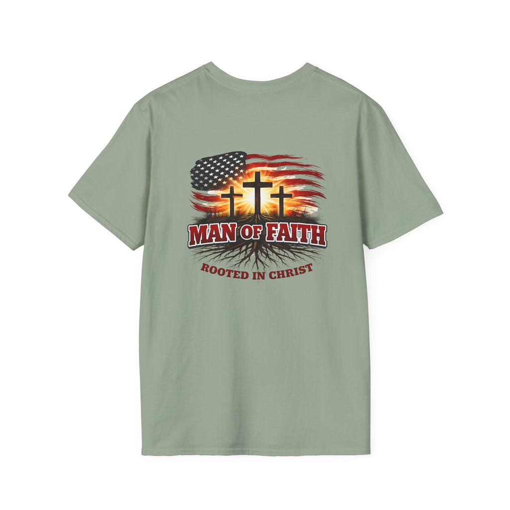 Man of Faith Rooted in Christ T-Shirt — Christian Gift for Him Flag & Cross Back Print Graphic Tee