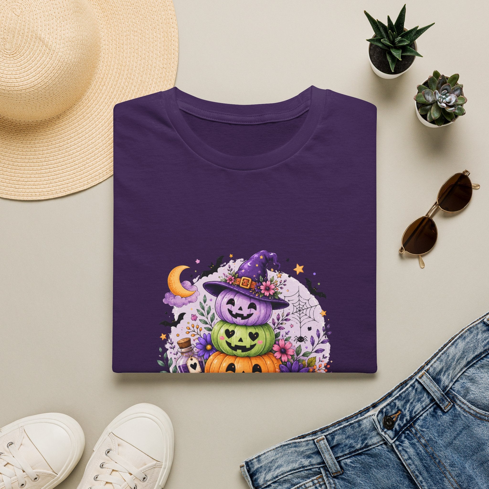 Spooky Season Pumpkin Stack T-Shirt — Cute Halloween Gift for Women Witch Hat Tee