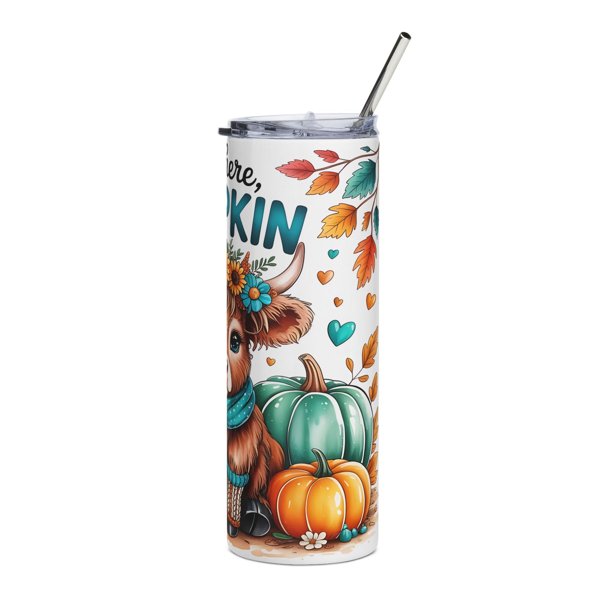 Hay There Pumpkin Cow Tumbler — Cute Fall Gift for Women Floral 20oz Stainless Steel