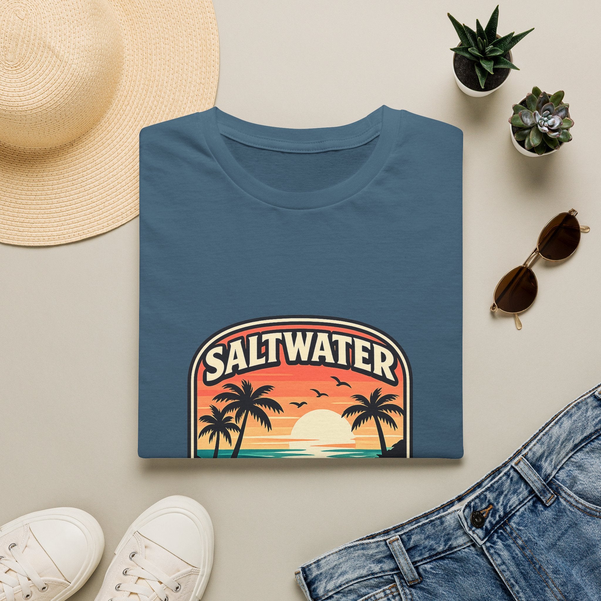 Saltwater Soul Retro Beach T-Shirt — Cute Coastal Gift for Women Sunset Palm Tee