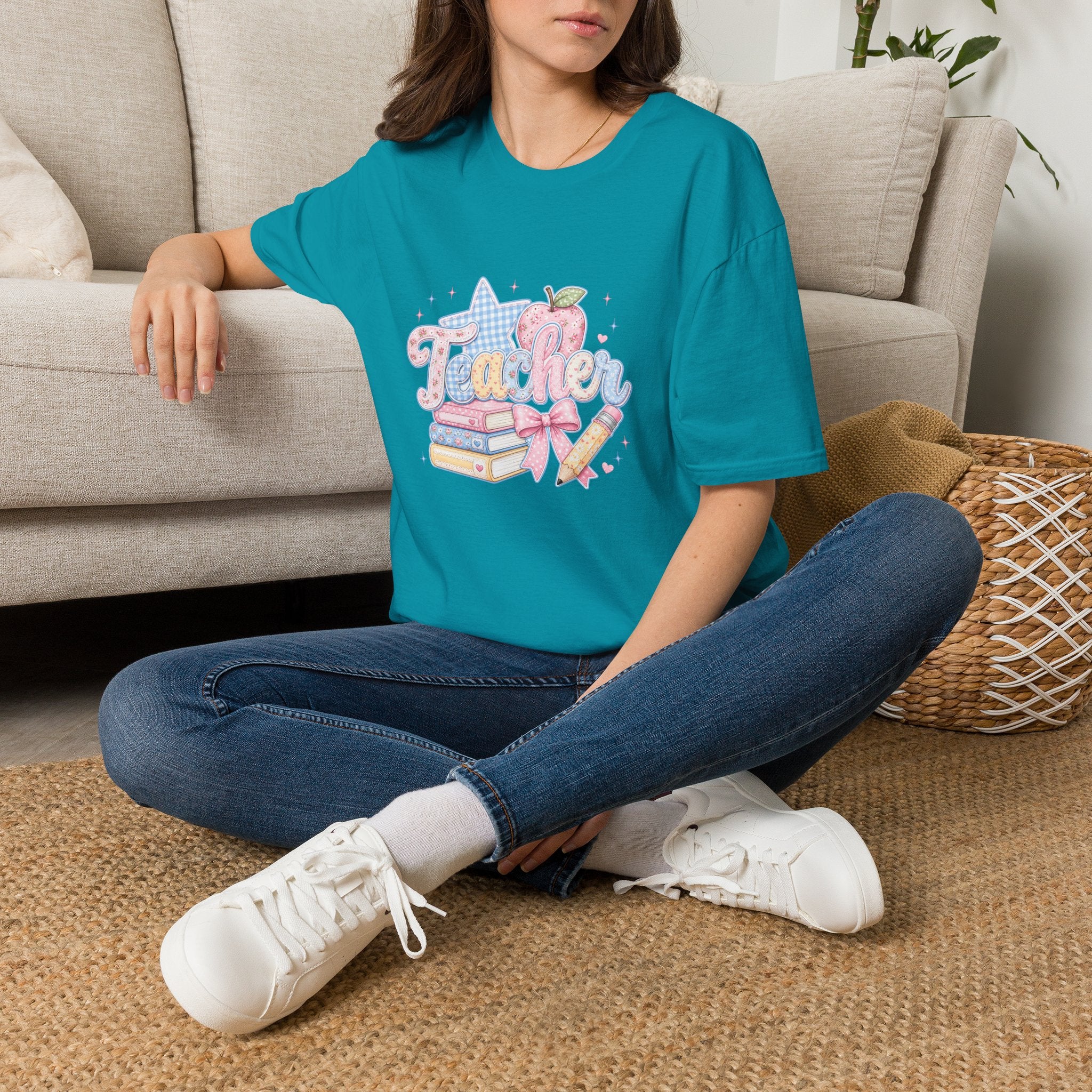 Cute Pastel Apple & Books Teacher T-Shirt — Funny Back-to-School Gift Graphic Tee
