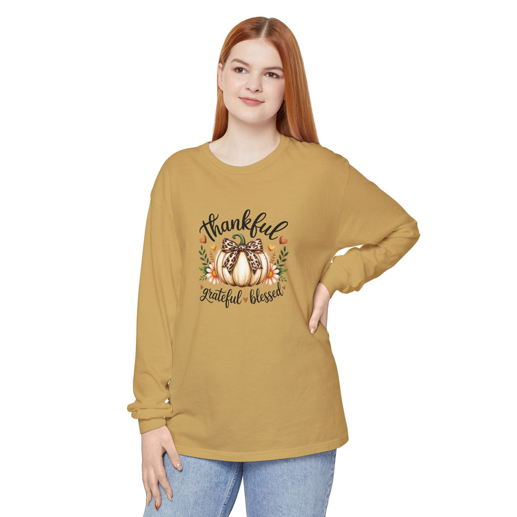 Thankful Grateful Blessed Pumpkin Long Sleeve — Cute Fall Thanksgiving Gift for Women