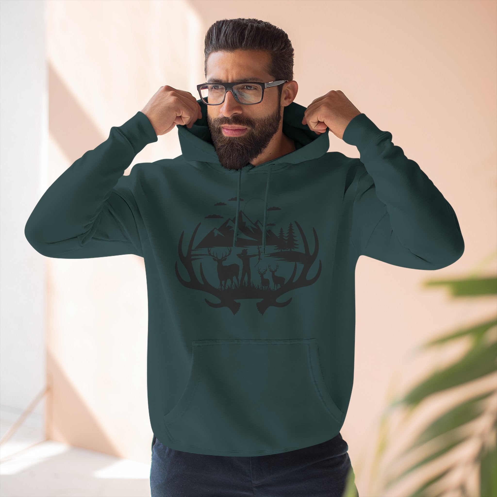 Deer Antler Mountain Hoodie — Rustic Outdoor Gift for Him Wildlife Graphic Pullover