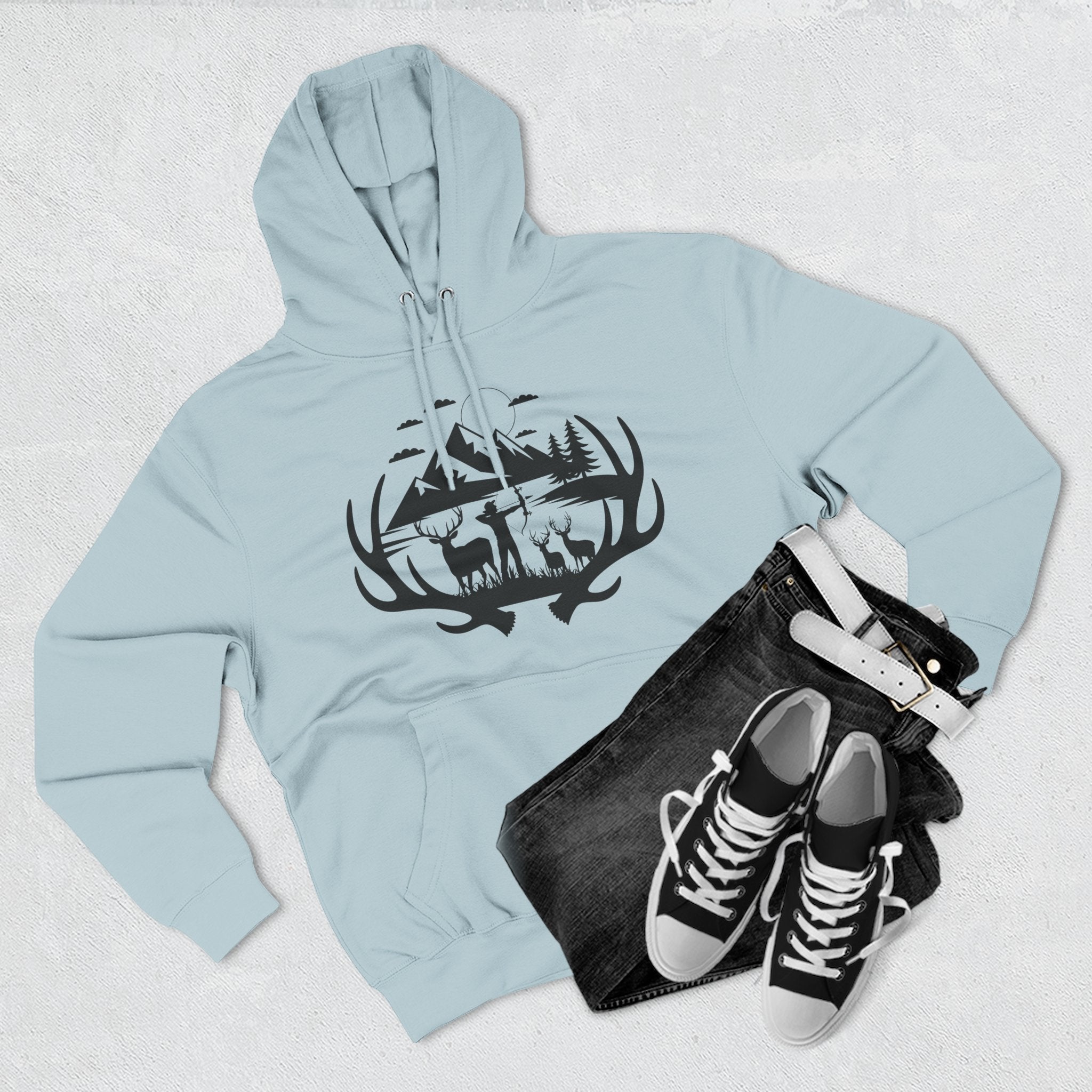 Deer Antler Mountain Hoodie — Rustic Outdoor Gift for Him Wildlife Graphic Pullover