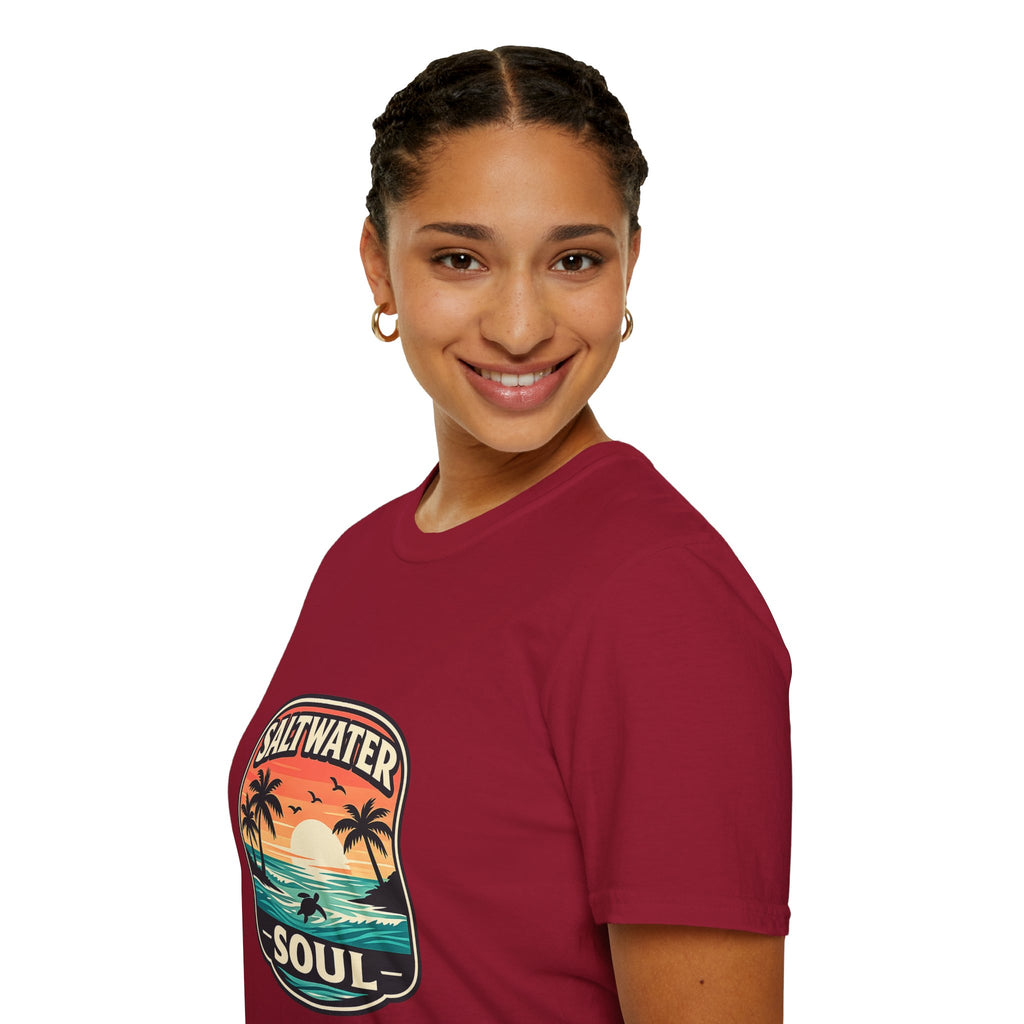 Saltwater Soul Retro Beach T-Shirt — Cute Coastal Gift for Women Sunset Palm Tee