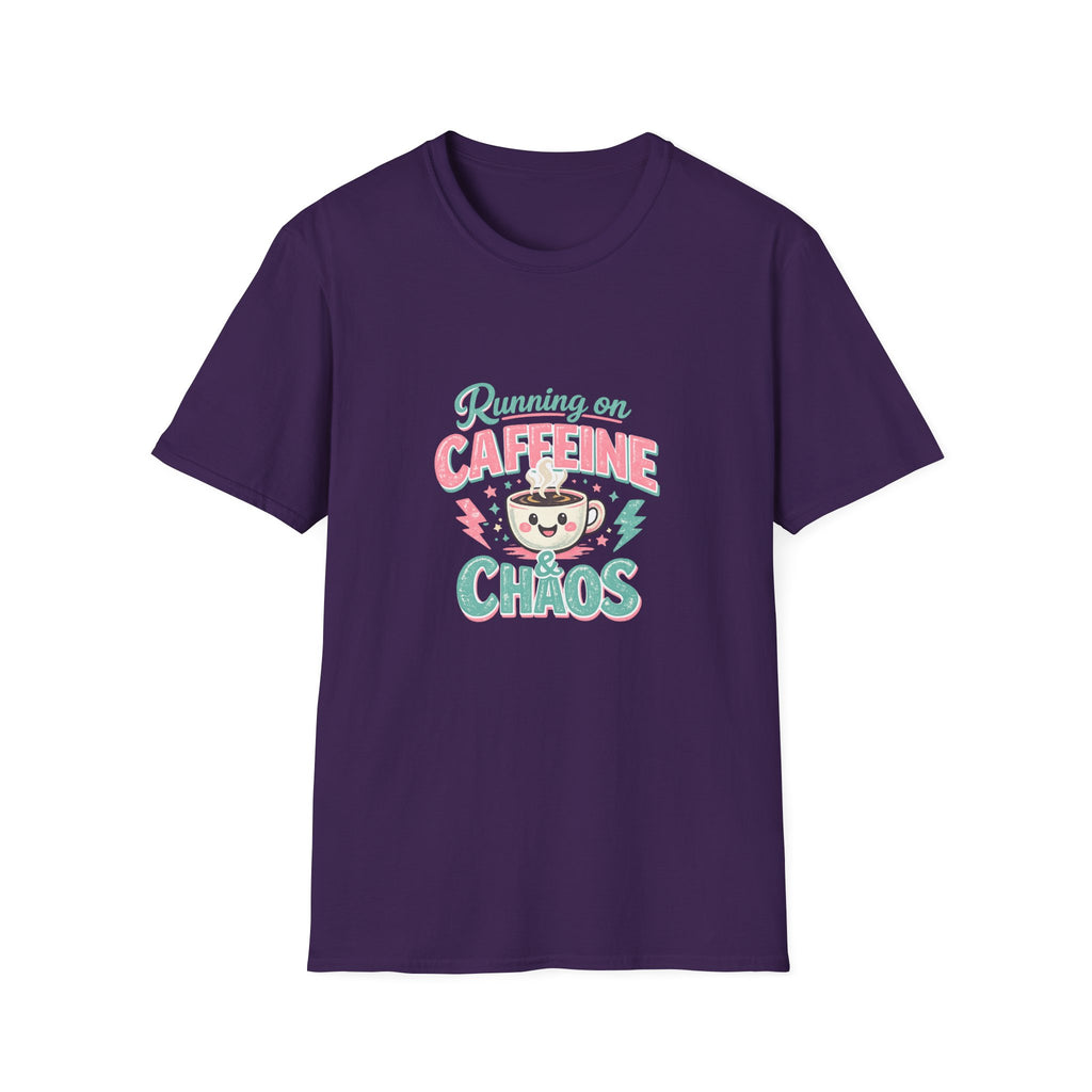 Running on Caffeine & Chaos T-Shirt — Funny Gift for Coffee Loving Moms Graphic Tee