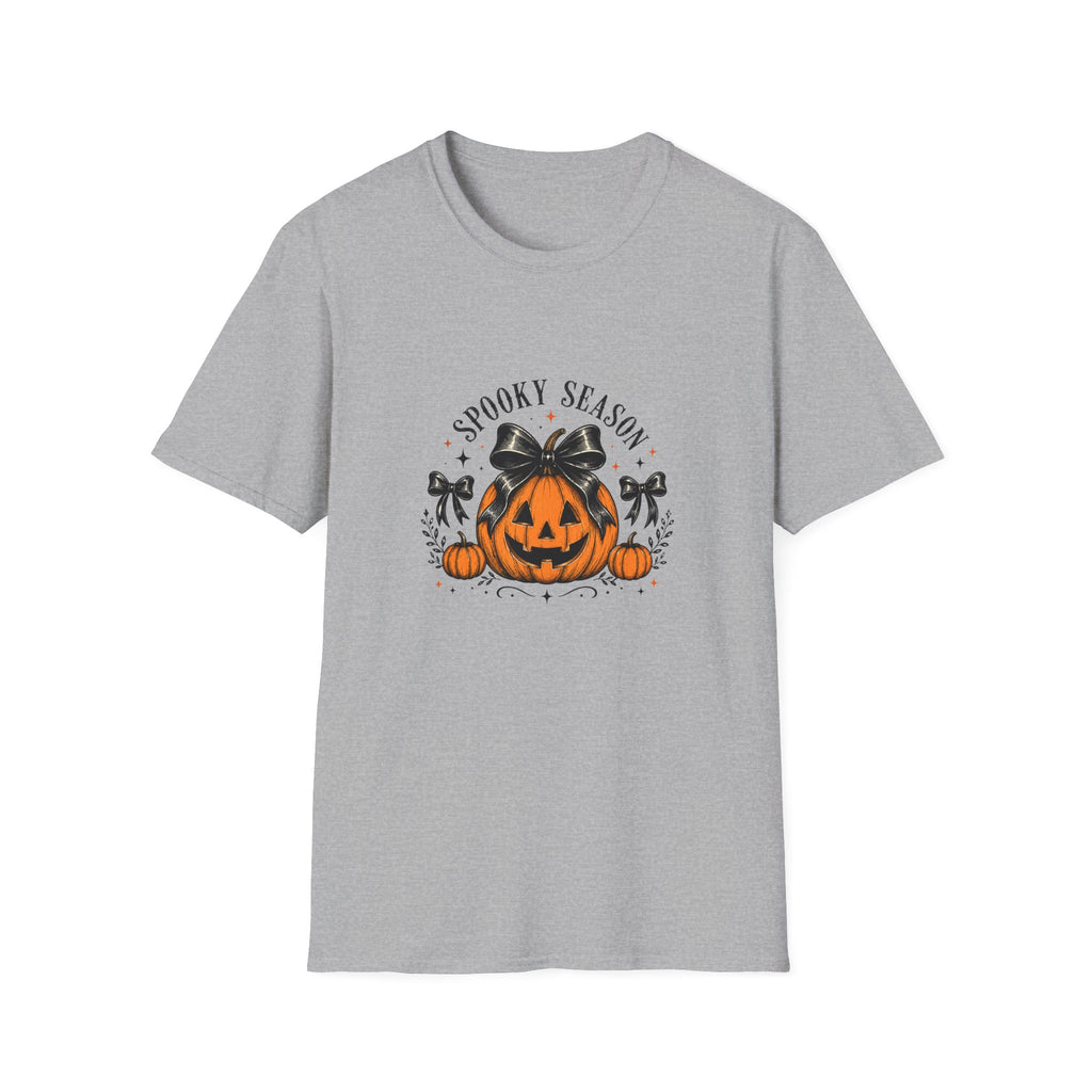 Spooky Season Jack-O'-Lantern Bow T-Shirt — Cute Halloween Gift for Women Graphic Tee