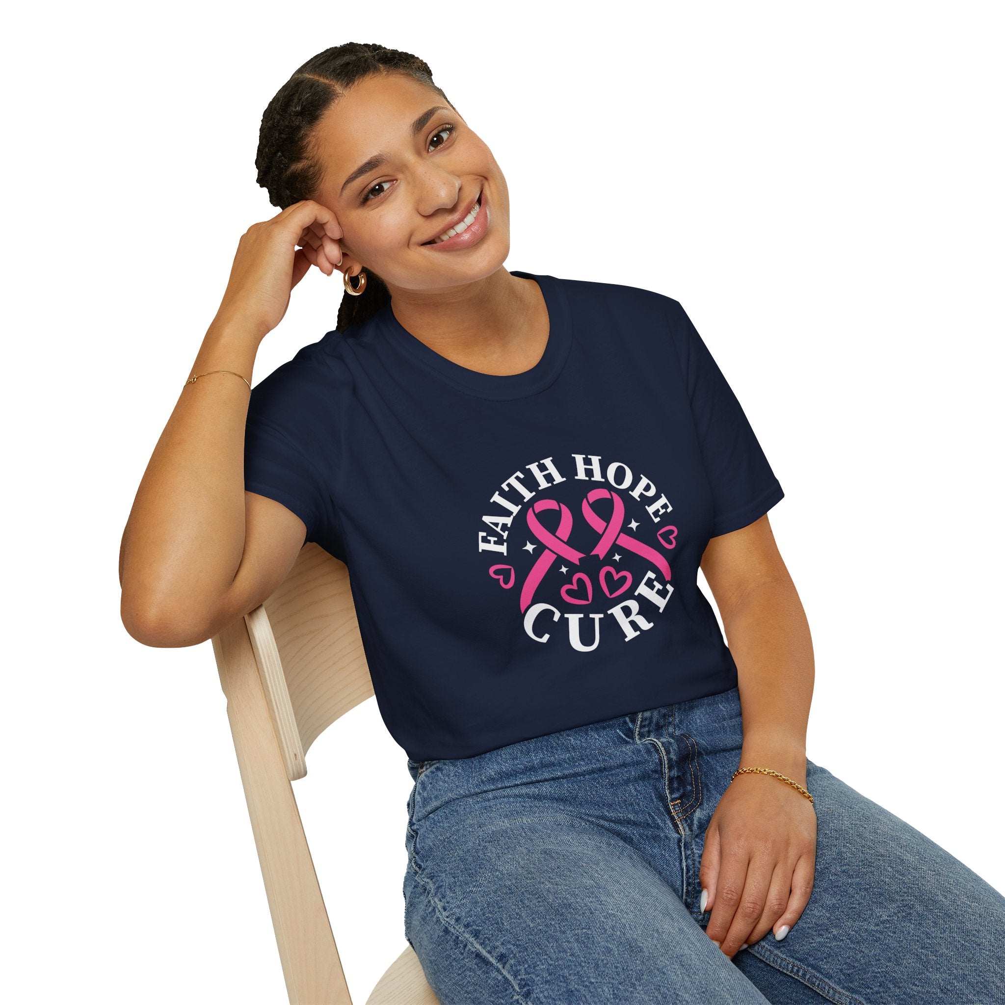 Faith Hope Cure Breast Cancer Awareness T-Shirt — Pink Ribbon Gift for Her Support Graphic Tee