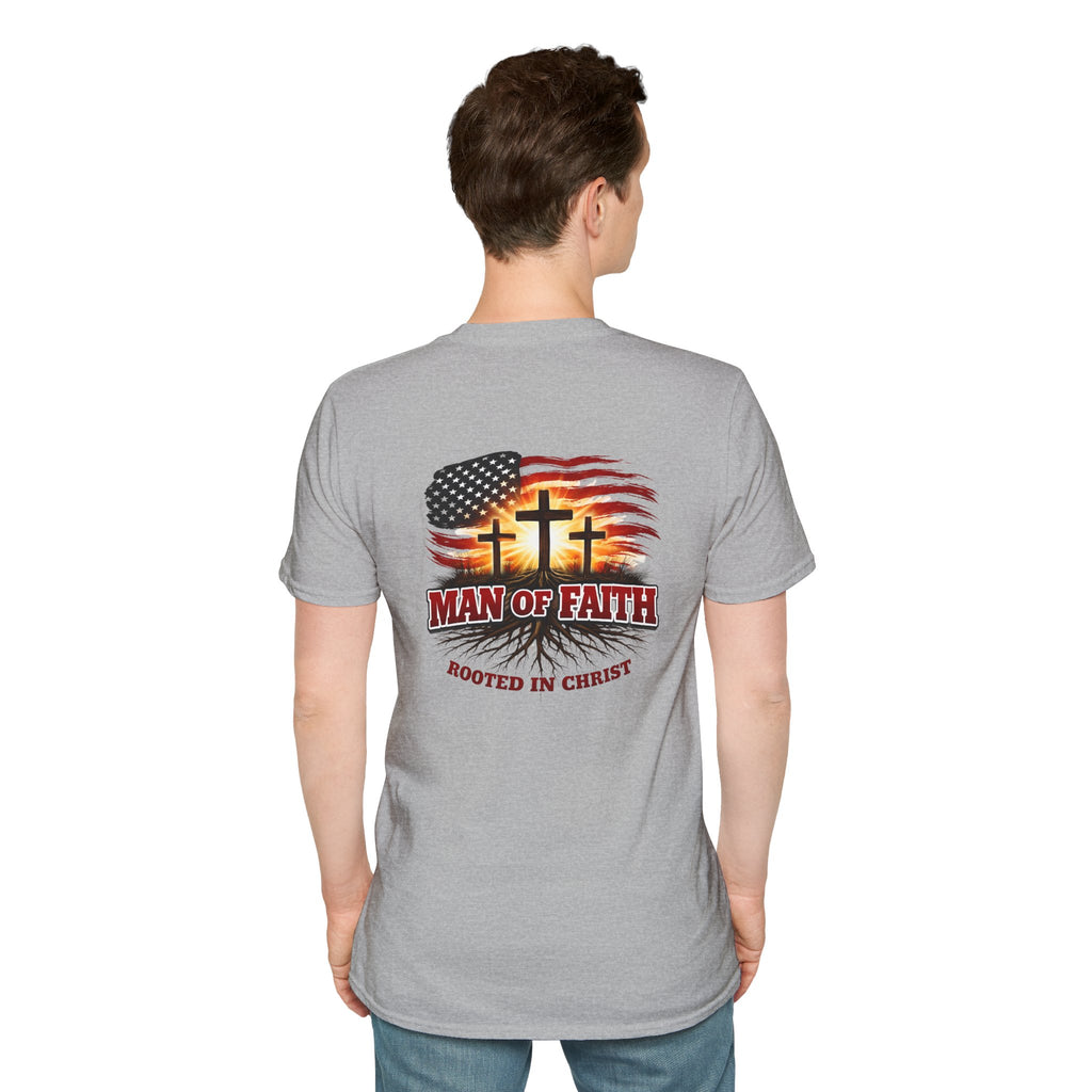 Man of Faith Rooted in Christ T-Shirt — Christian Gift for Him Flag & Cross Back Print Graphic Tee