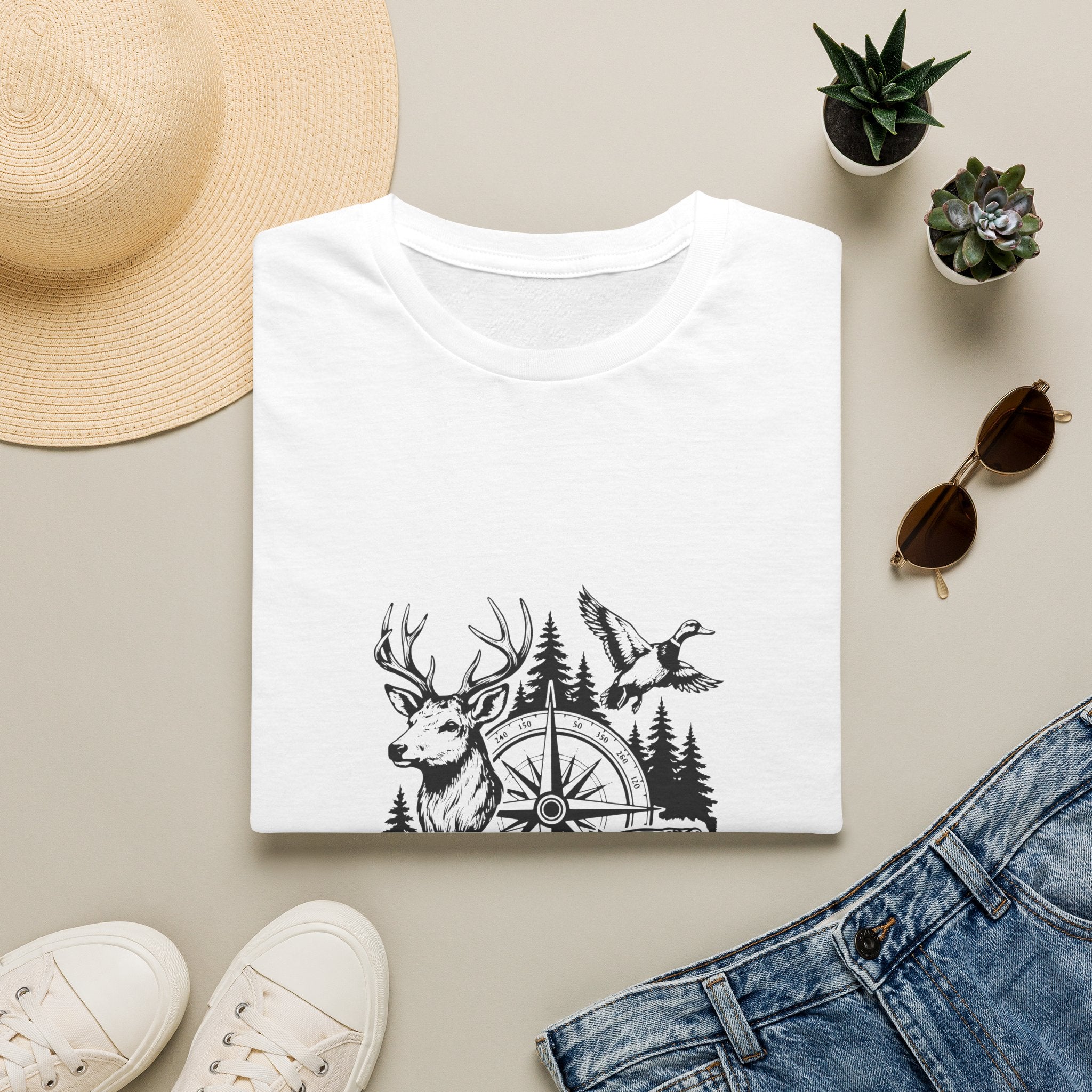 Outdoor Wildlife Compass T-Shirt — Deer Duck & Fish Nature Gift for Hunters