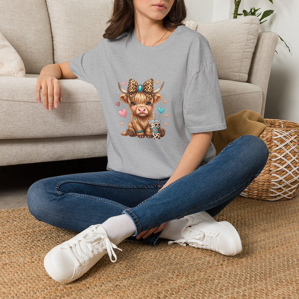 Highland Cow Leopard Bow T-Shirt — Cute Funny Gift for Her Hearts Graphic Tee