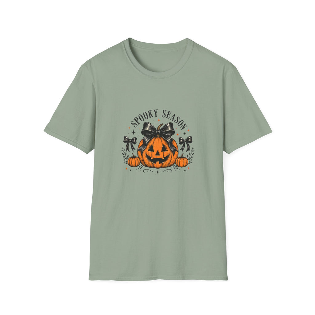 Spooky Season Jack-O'-Lantern Bow T-Shirt — Cute Halloween Gift for Women Graphic Tee