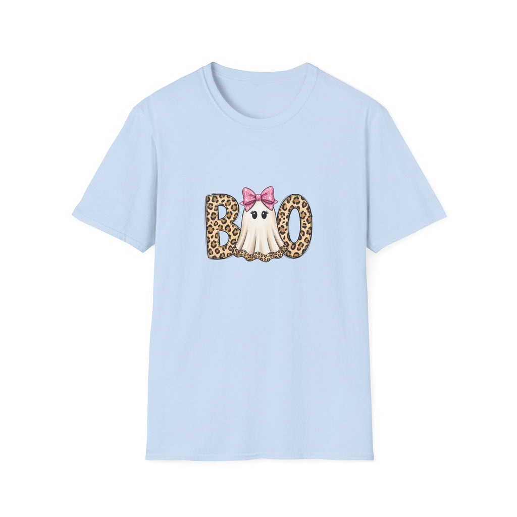 Boo Leopard Ghost T-Shirt — Cute Pink Bow Halloween Gift for Women Graphic Tee