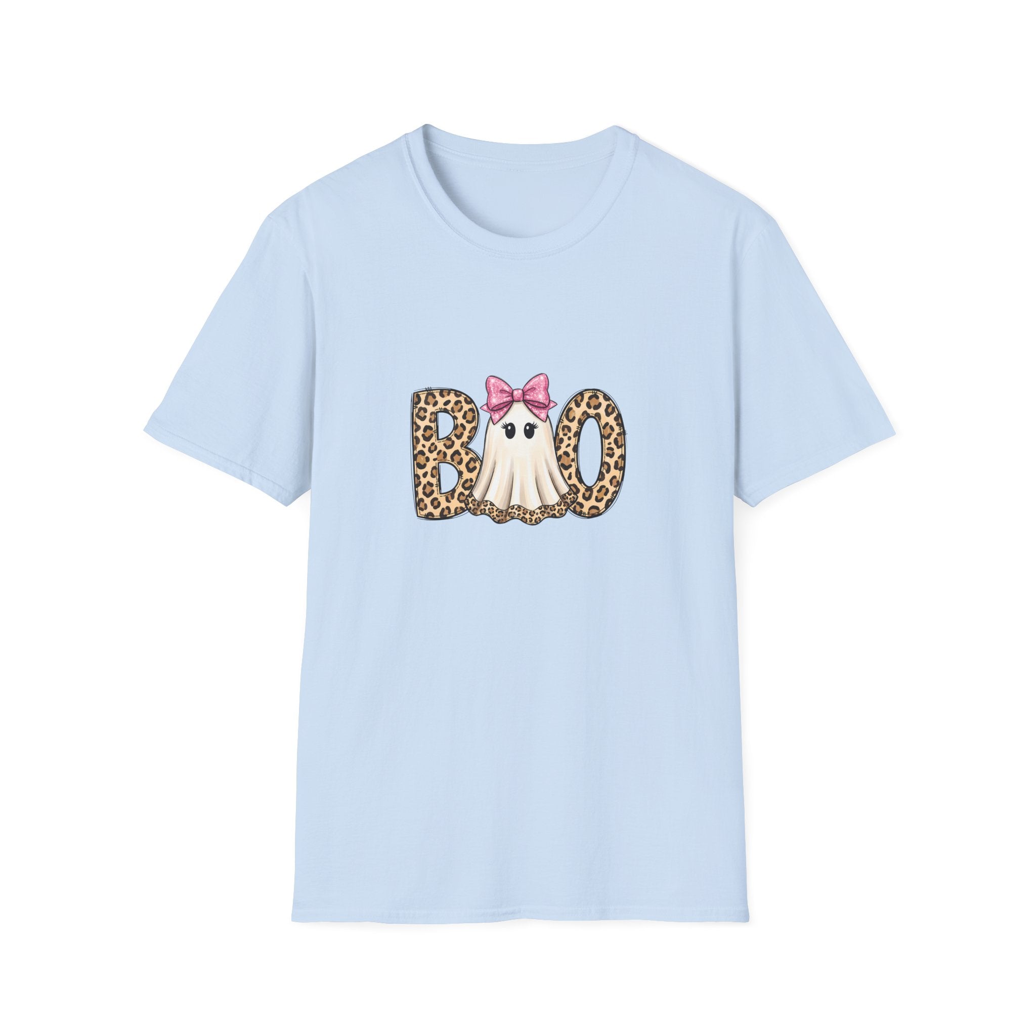 Boo Leopard Ghost T-Shirt — Cute Pink Bow Halloween Gift for Women Graphic Tee