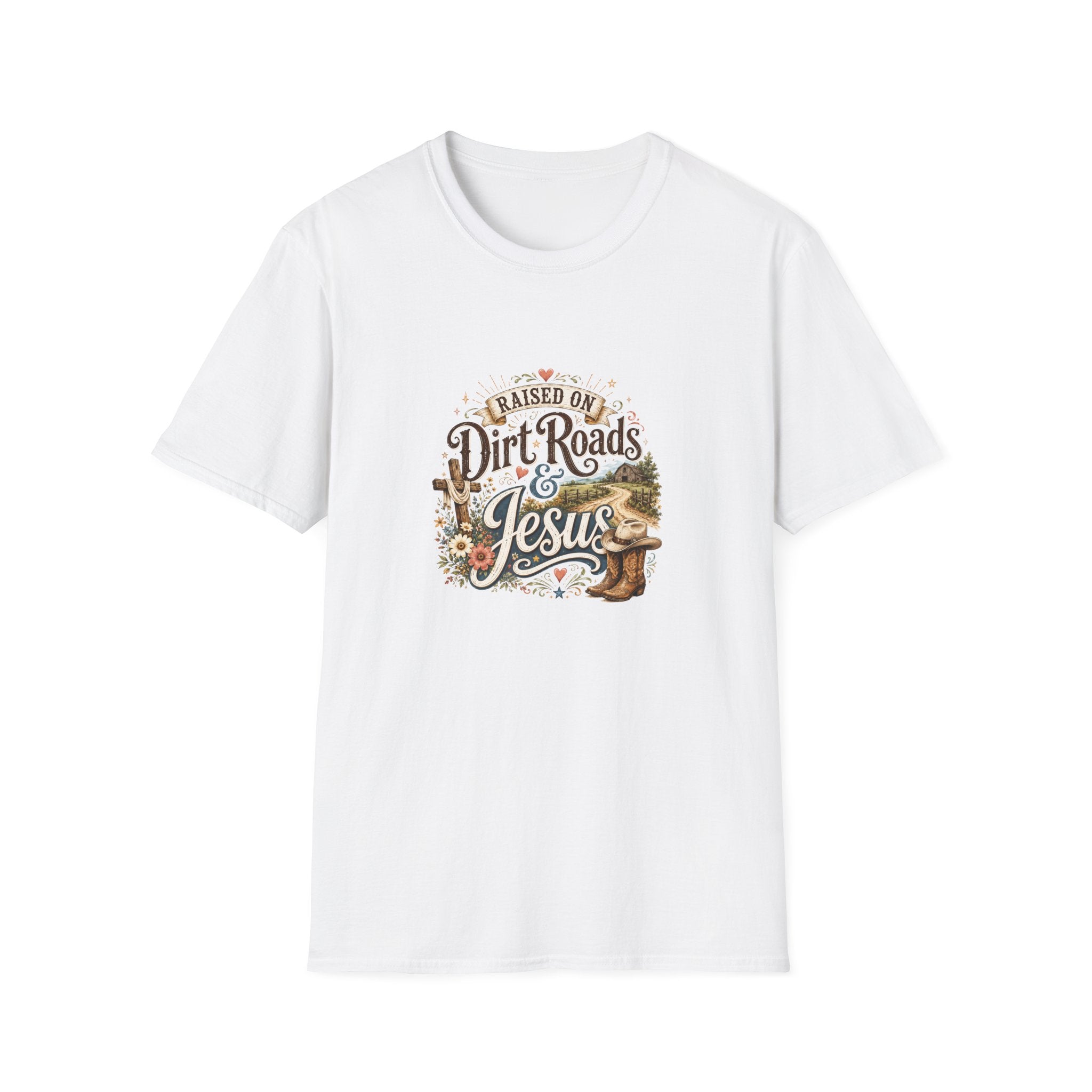 Raised on Dirt Roads & Jesus T-Shirt — Rustic Christian Gift for Women Faith Tee