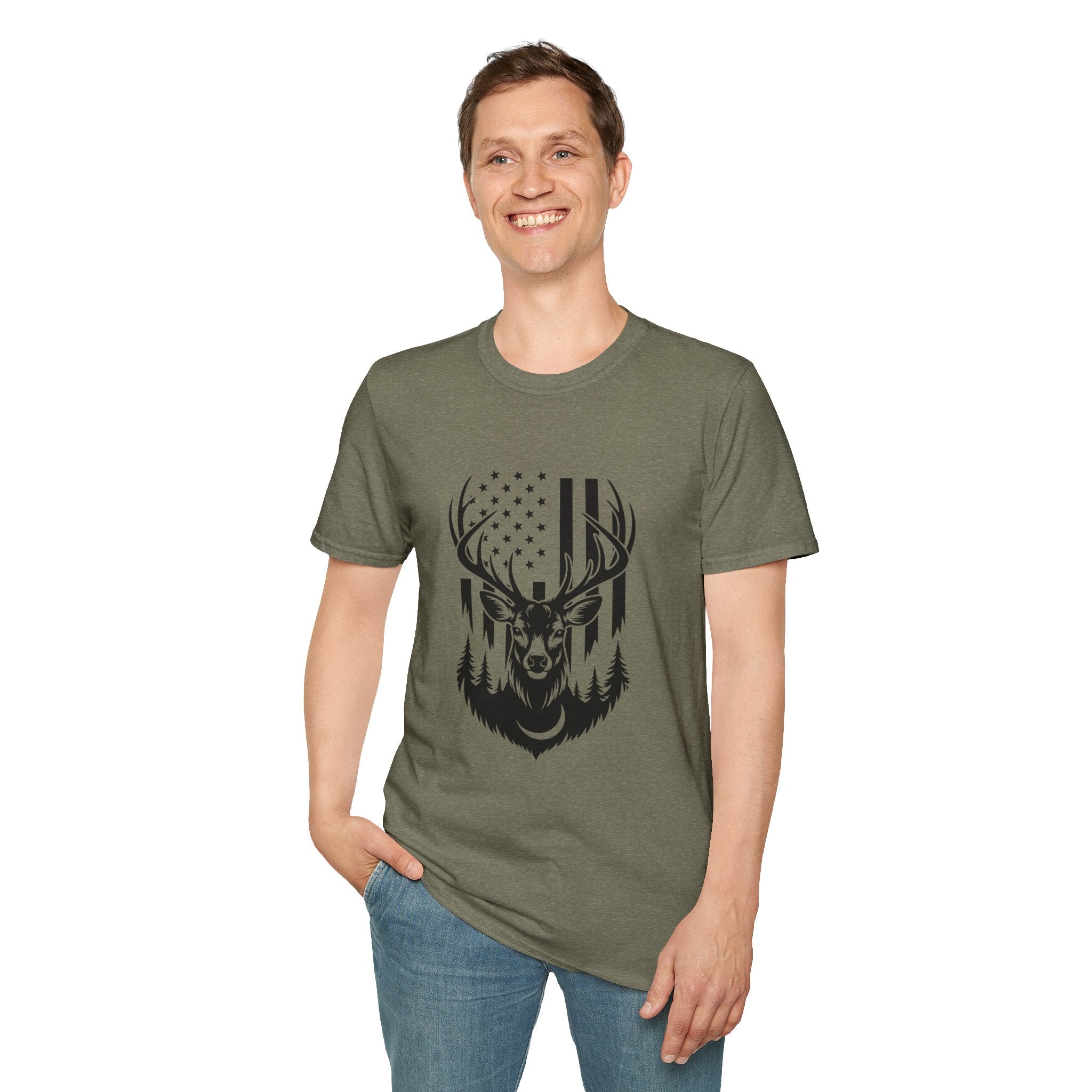 Rustic American Flag Buck T-Shirt — Patriotic Hunting Gift for Men Wildlife Tee