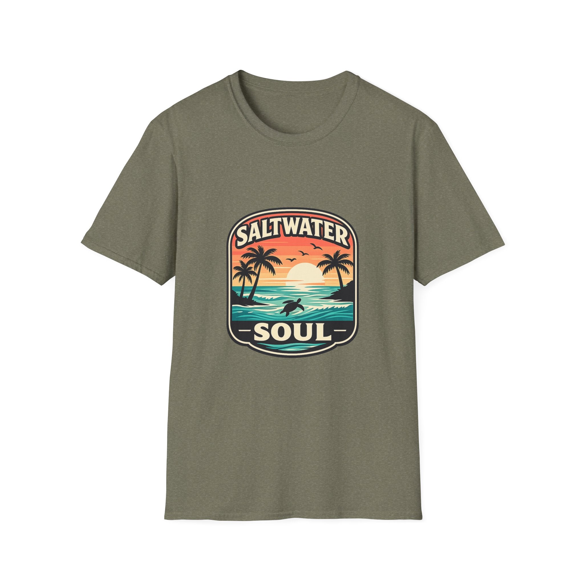 Saltwater Soul Retro Beach T-Shirt — Cute Coastal Gift for Women Sunset Palm Tee
