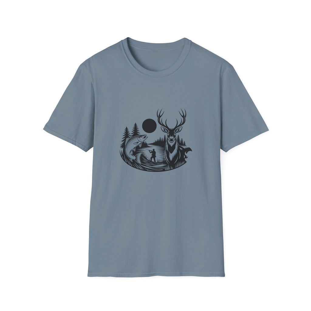Deer & Fish Forest Silhouette T-Shirt — Rustic Outdoor Gift for Hunters Graphic Tee