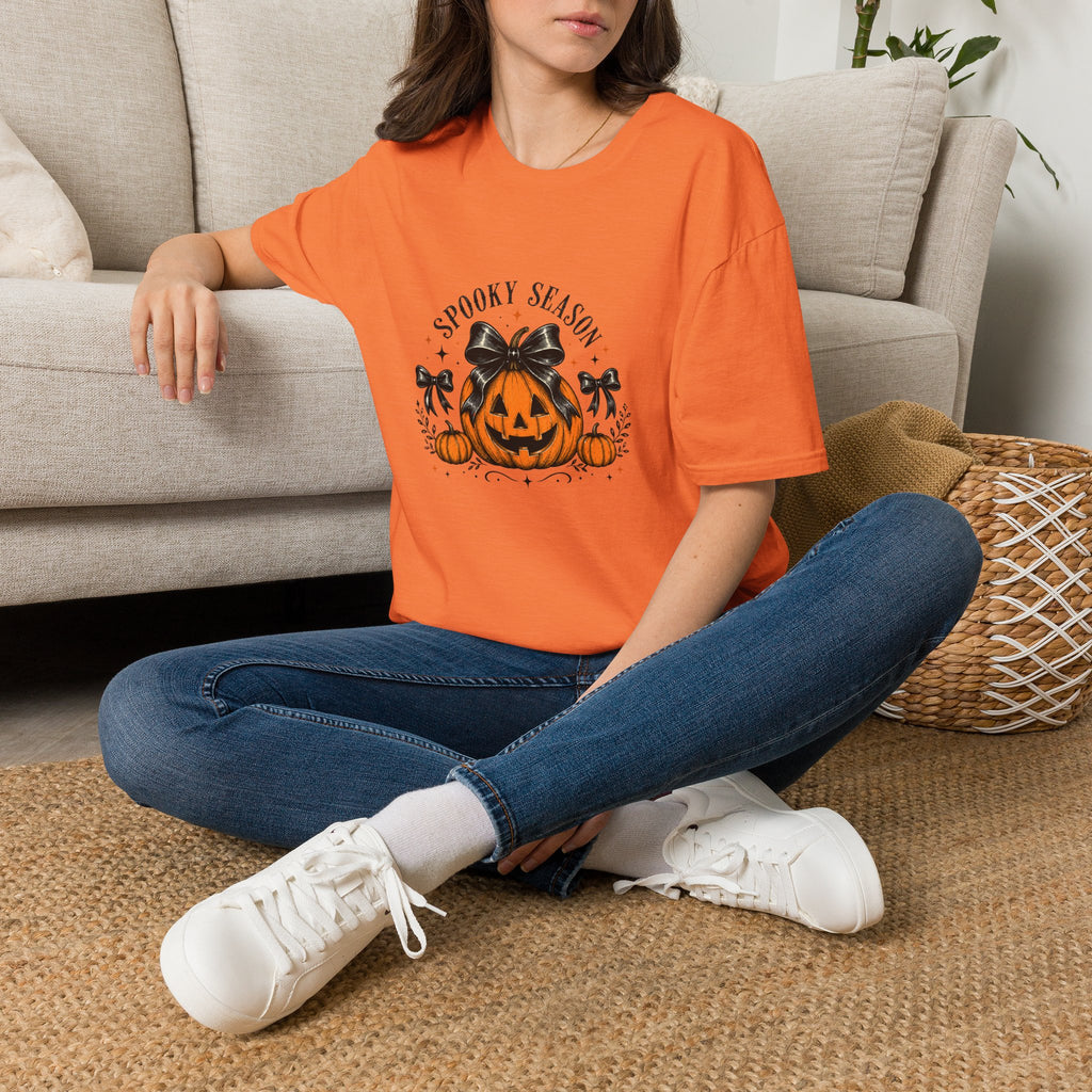 Spooky Season Jack-O'-Lantern Bow T-Shirt — Cute Halloween Gift for Women Graphic Tee