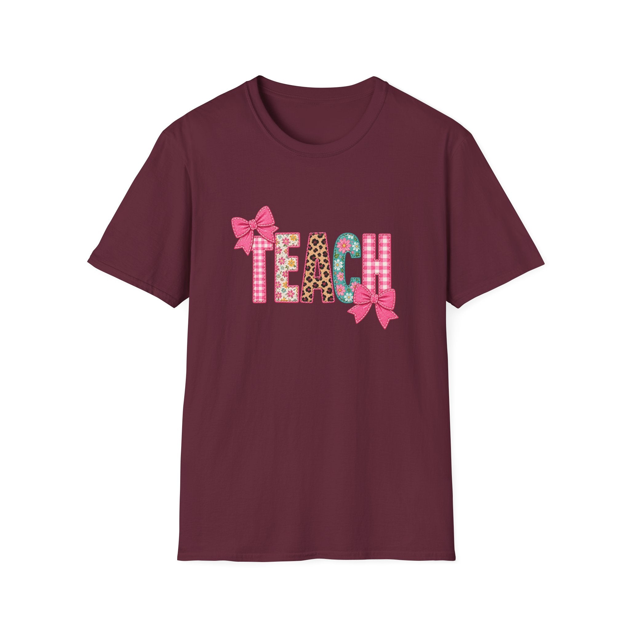 Floral Leopard TEACH T-Shirt — Cute Back-to-School Gift for Teachers Pink Bow Tee