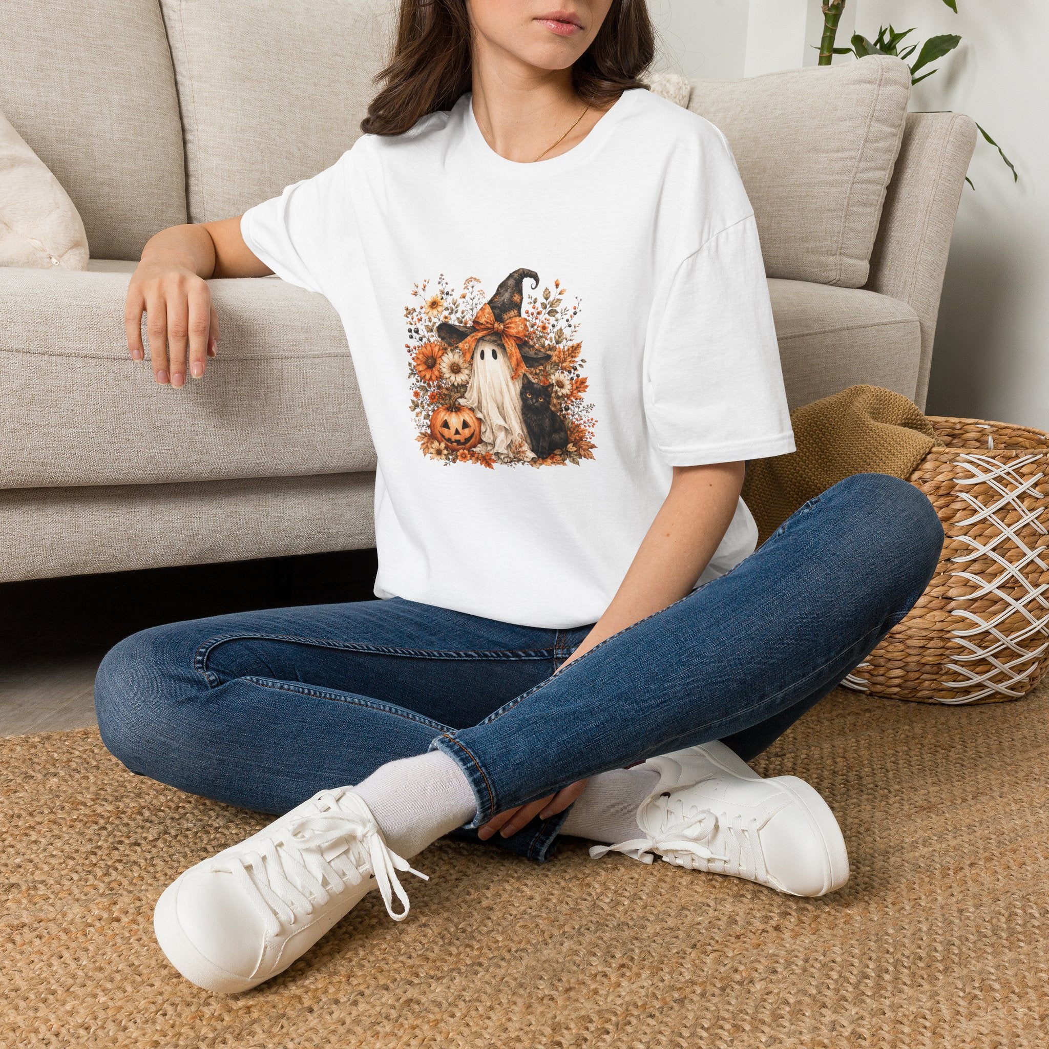 Halloween Witch Ghost & Cat T-Shirt — Cute Spooky Gift for Women Fall Floral Tee