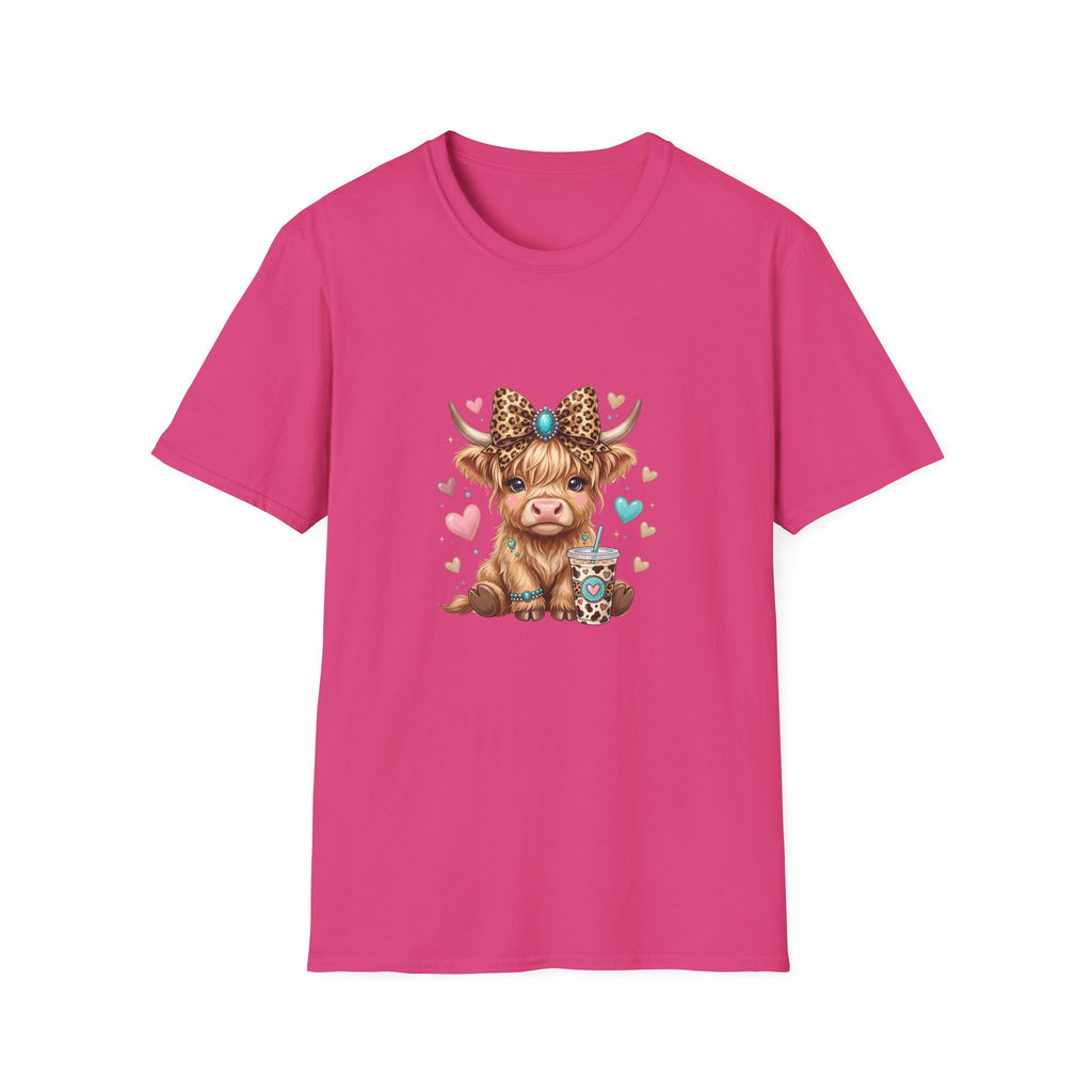Highland Cow Leopard Bow T-Shirt — Cute Funny Gift for Her Hearts Graphic Tee