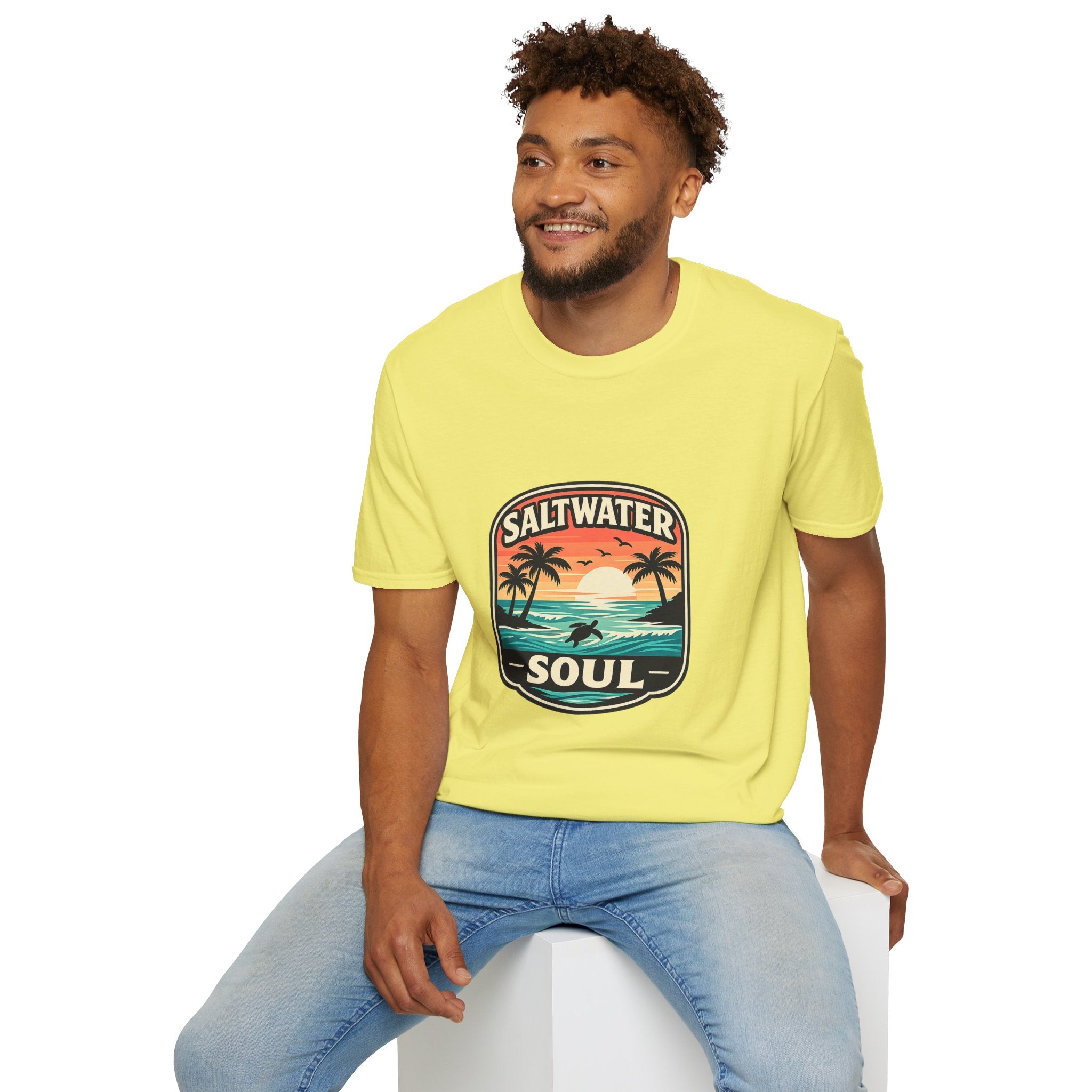 Saltwater Soul Retro Beach T-Shirt — Cute Coastal Gift for Women Sunset Palm Tee