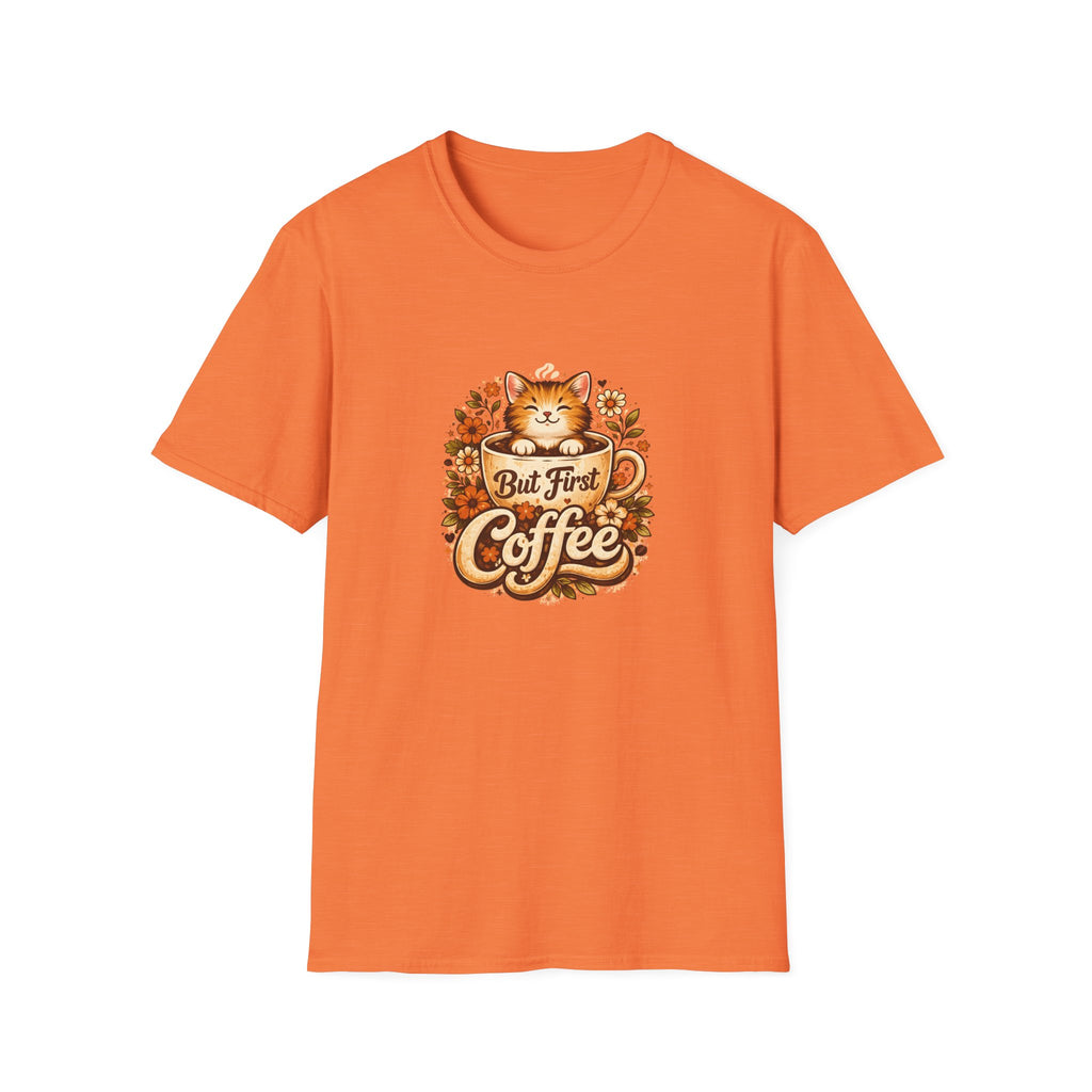 But First Coffee Cat T-Shirt — Cute Floral Gift for Coffee Lovers Women's Tee