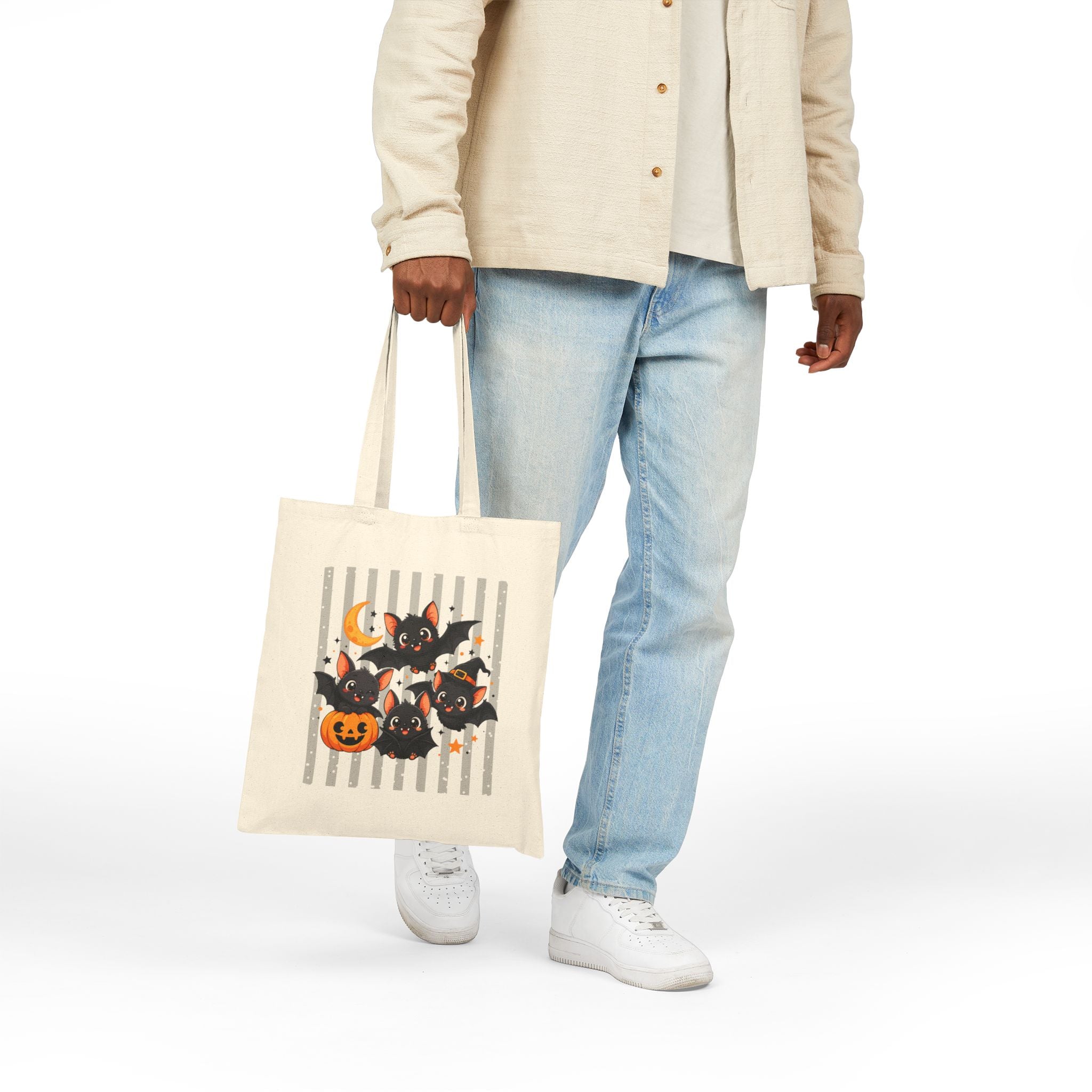Halloween Bat Pumpkin Canvas Tote Bag — Cute Spooky Gift for Her Cotton Shopper